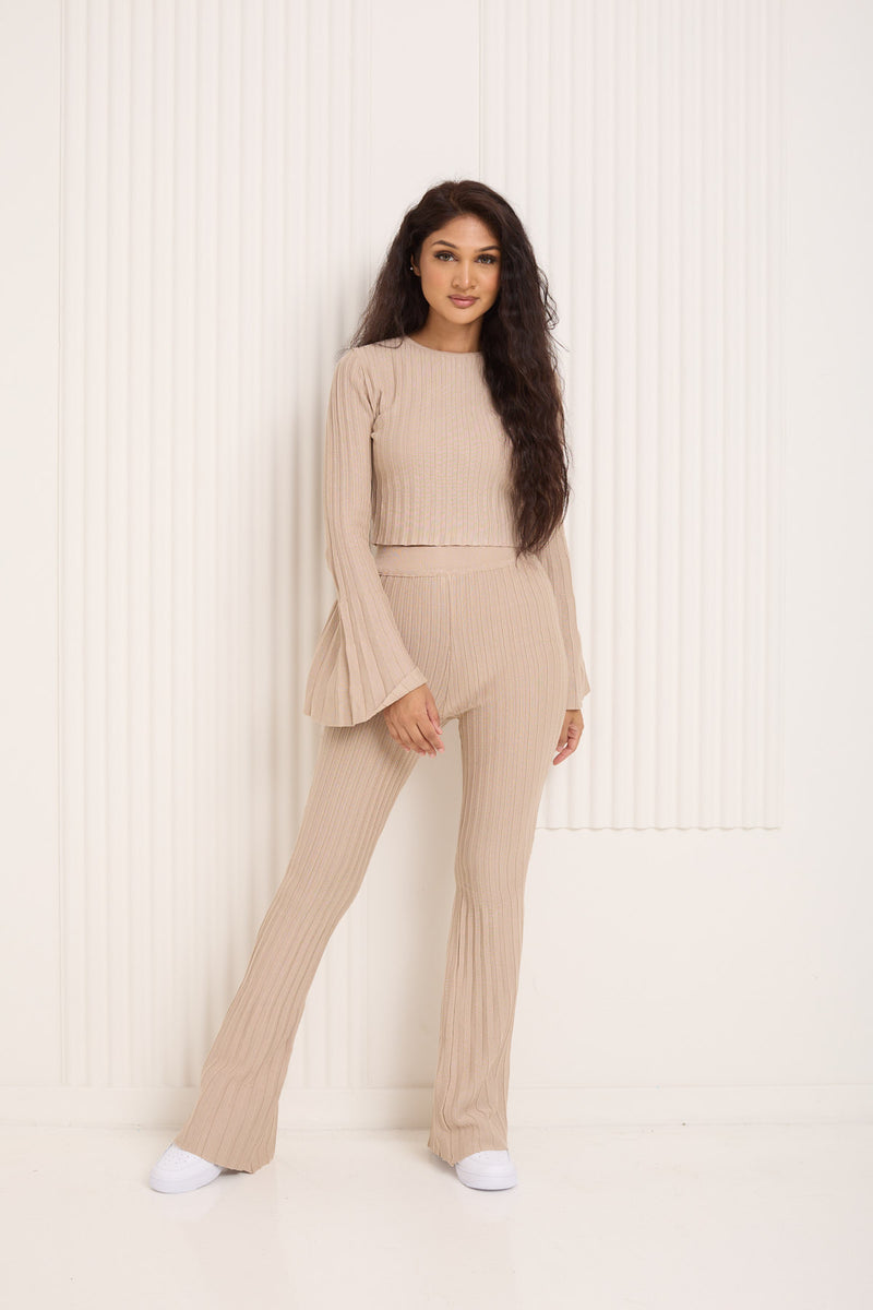 Ribbed flared co-ord in Beige