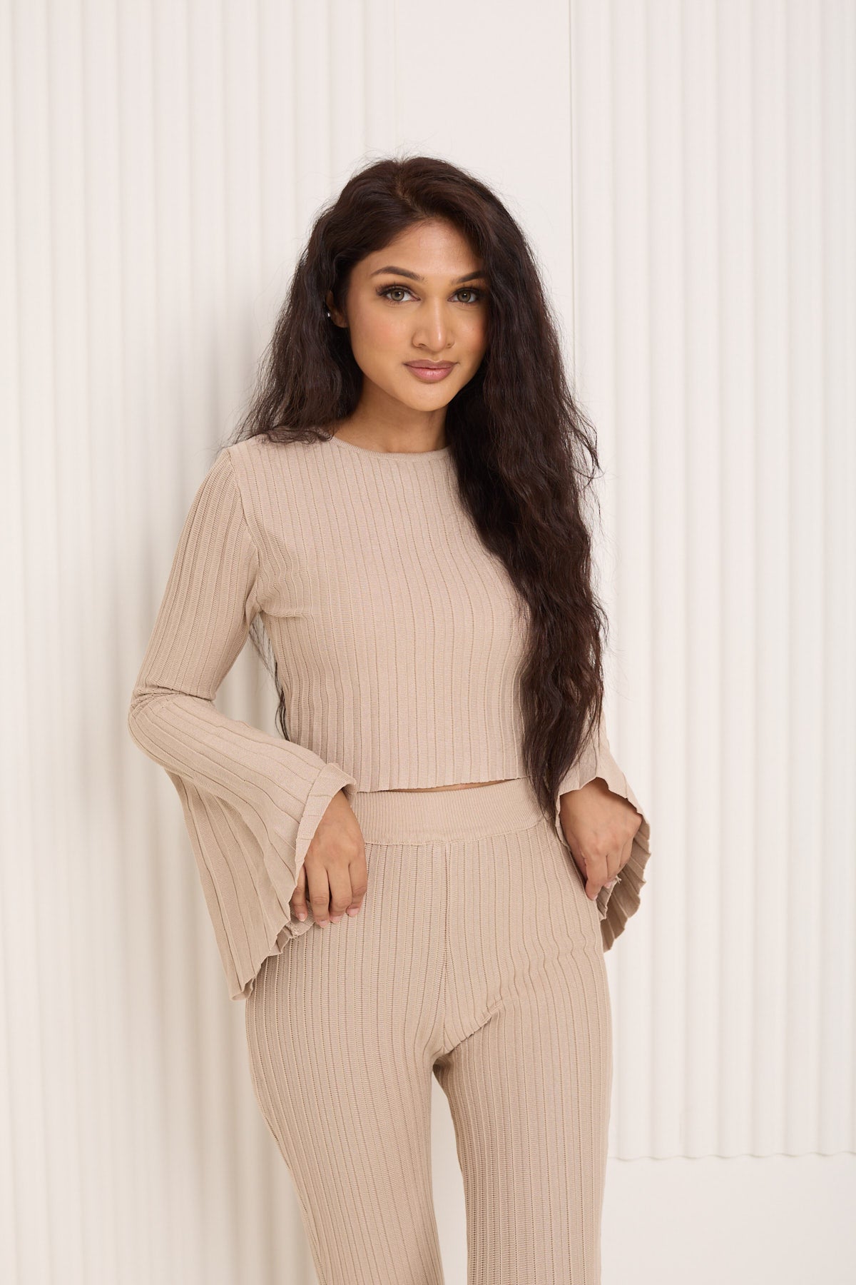 Ribbed flared co-ord in Beige