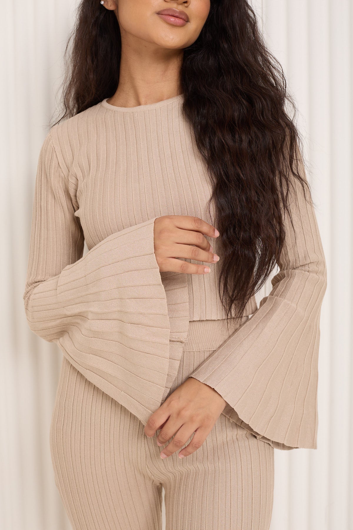 Ribbed flared co-ord in Beige