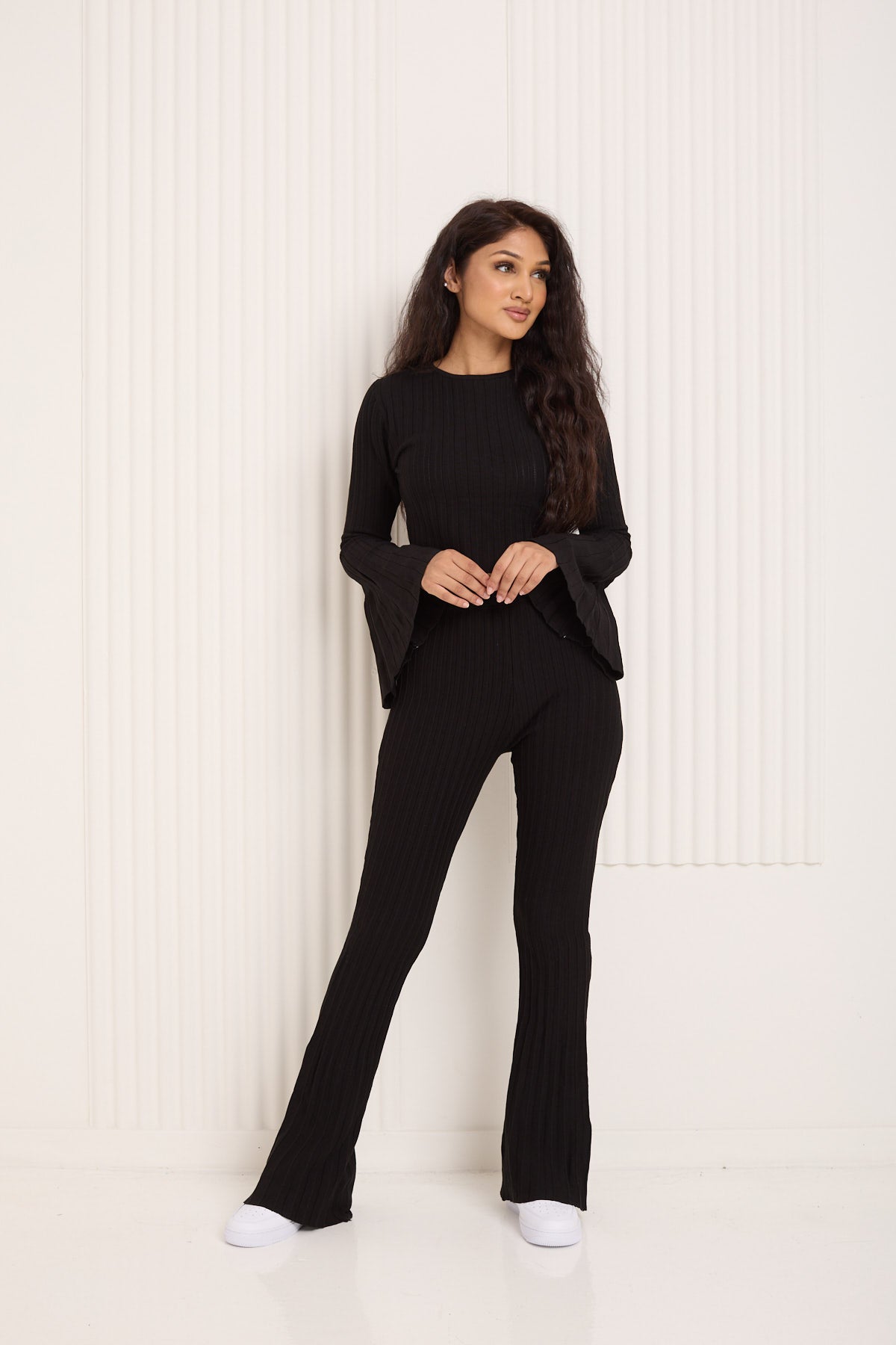 Ribbed flared co-ord in Black