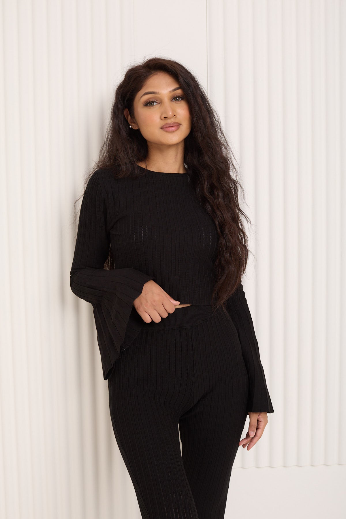 Ribbed flared co-ord in Black