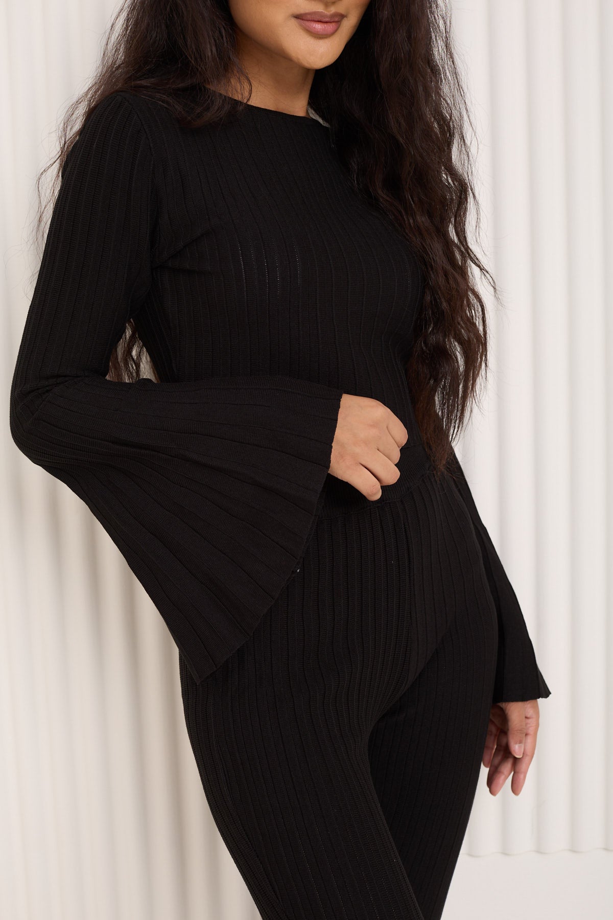 Ribbed flared co-ord in Black