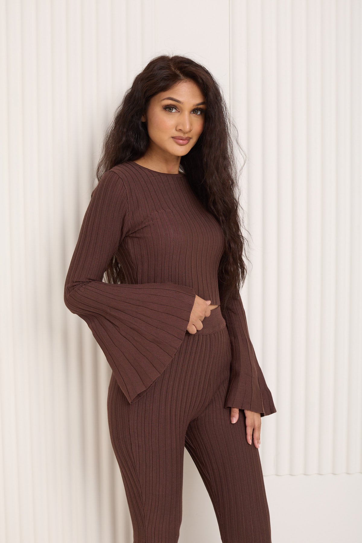 Ribbed flared co-ord in Choco
