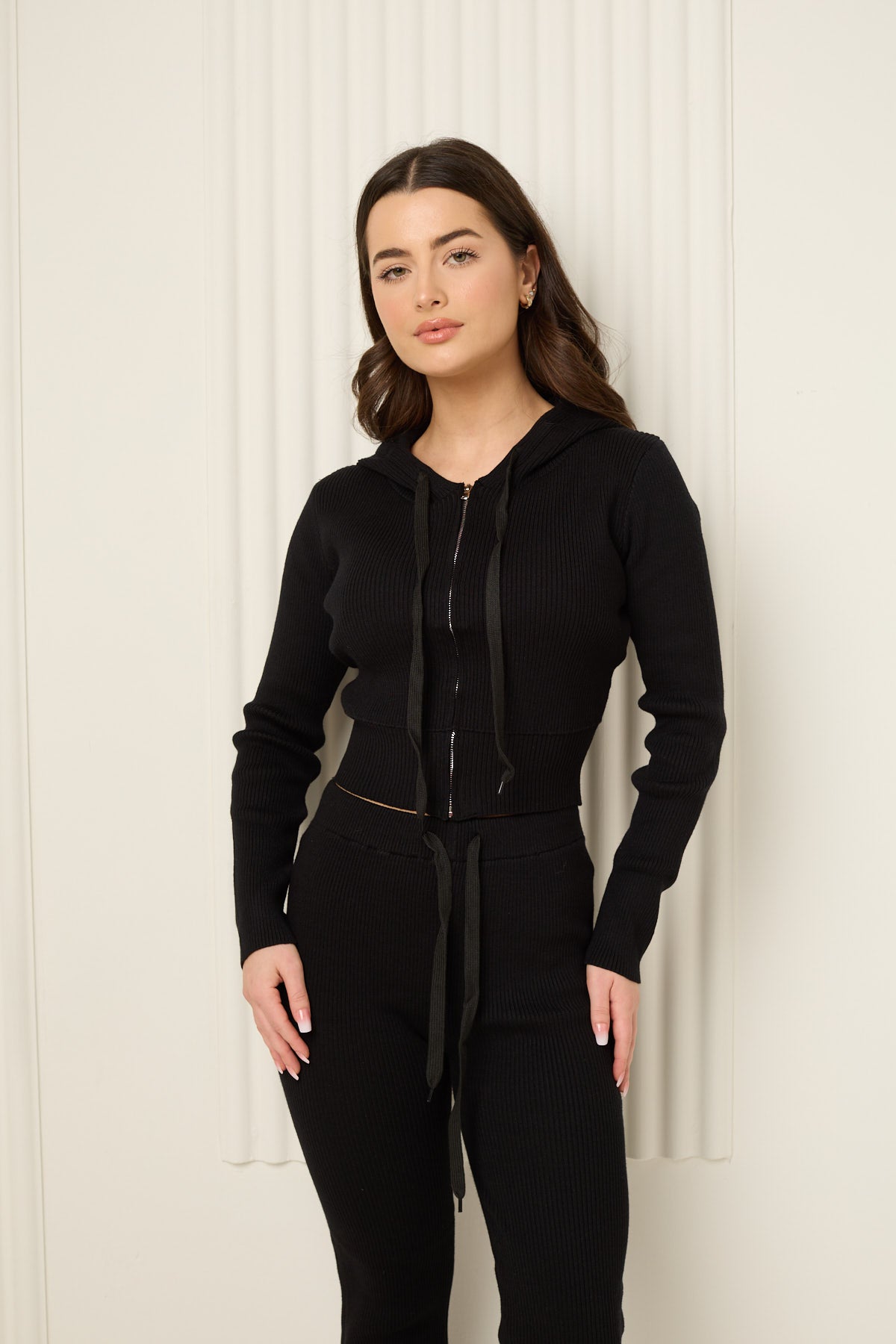 Ribbed hooded zip co-ord in Black