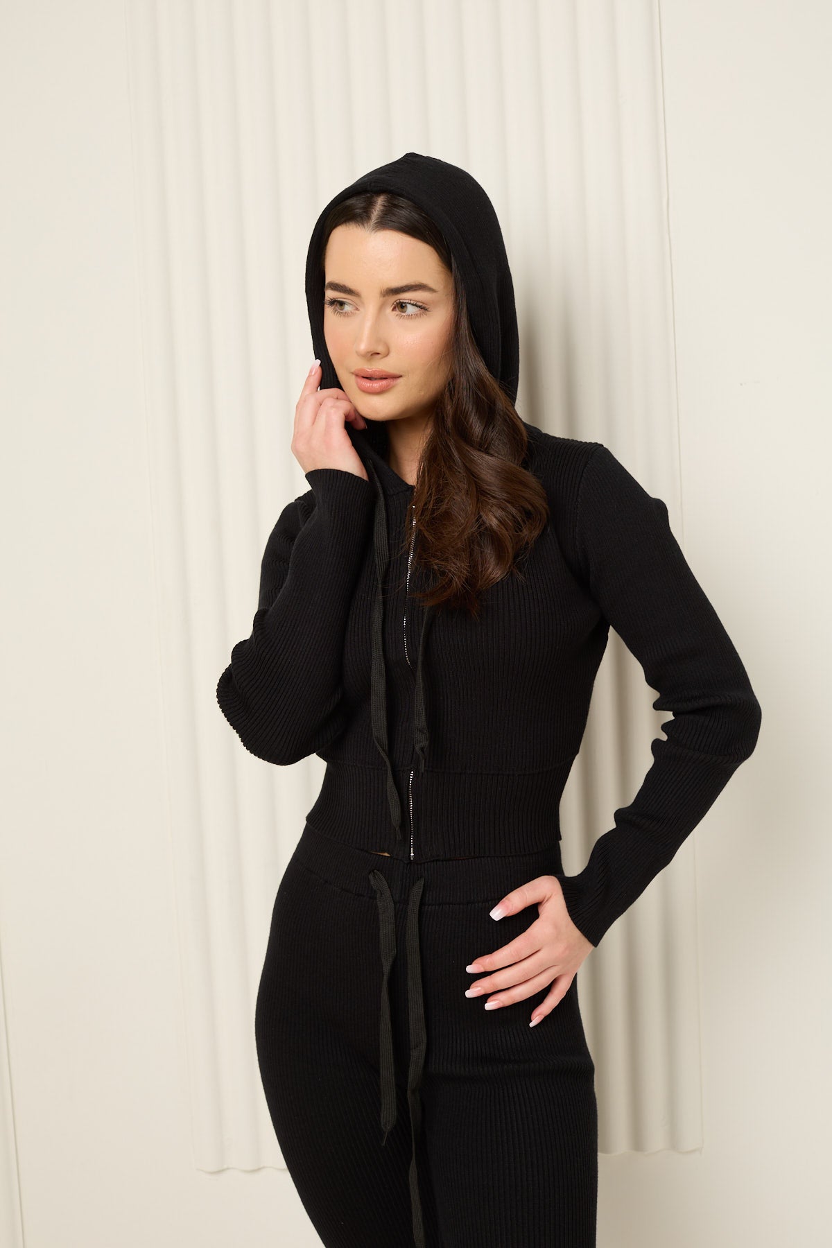 Ribbed hooded zip co-ord in Black