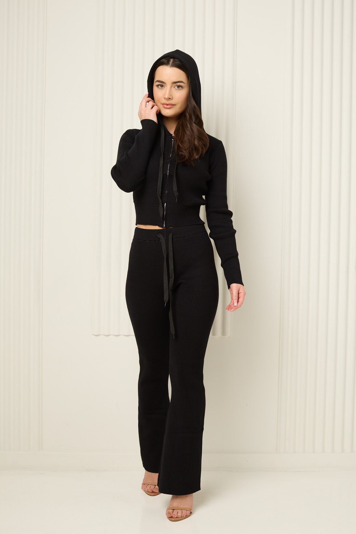 Ribbed hooded zip co-ord in Black