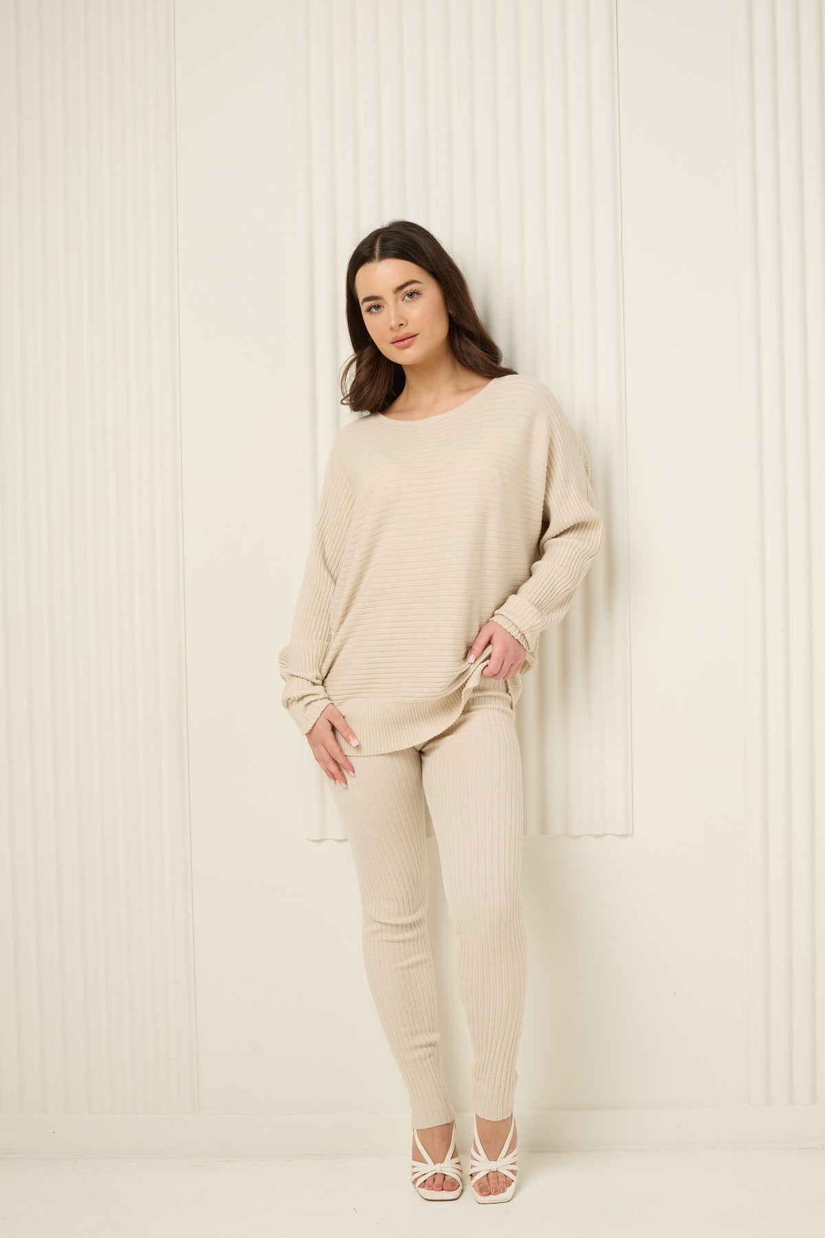 Ribbed textured co-ord in Beige