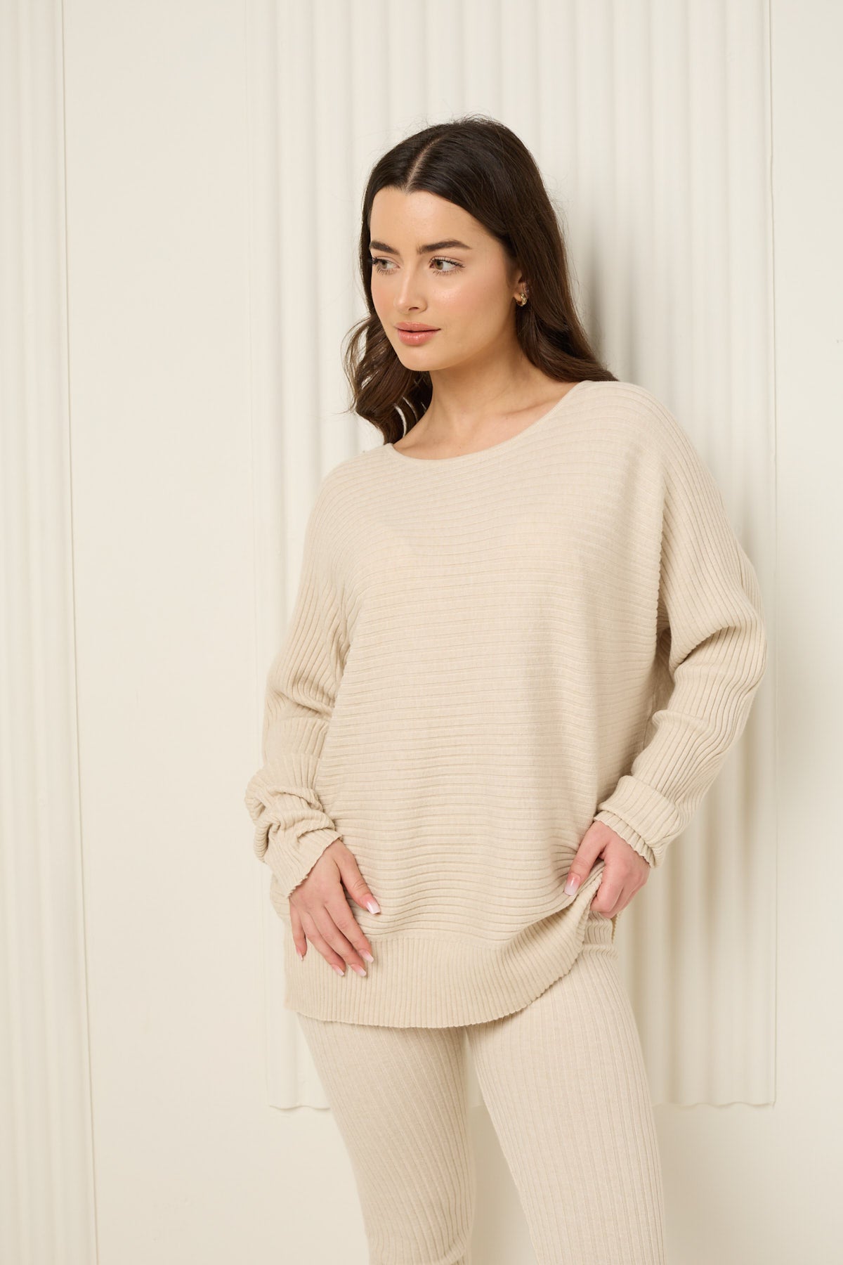 Ribbed textured co-ord in Beige