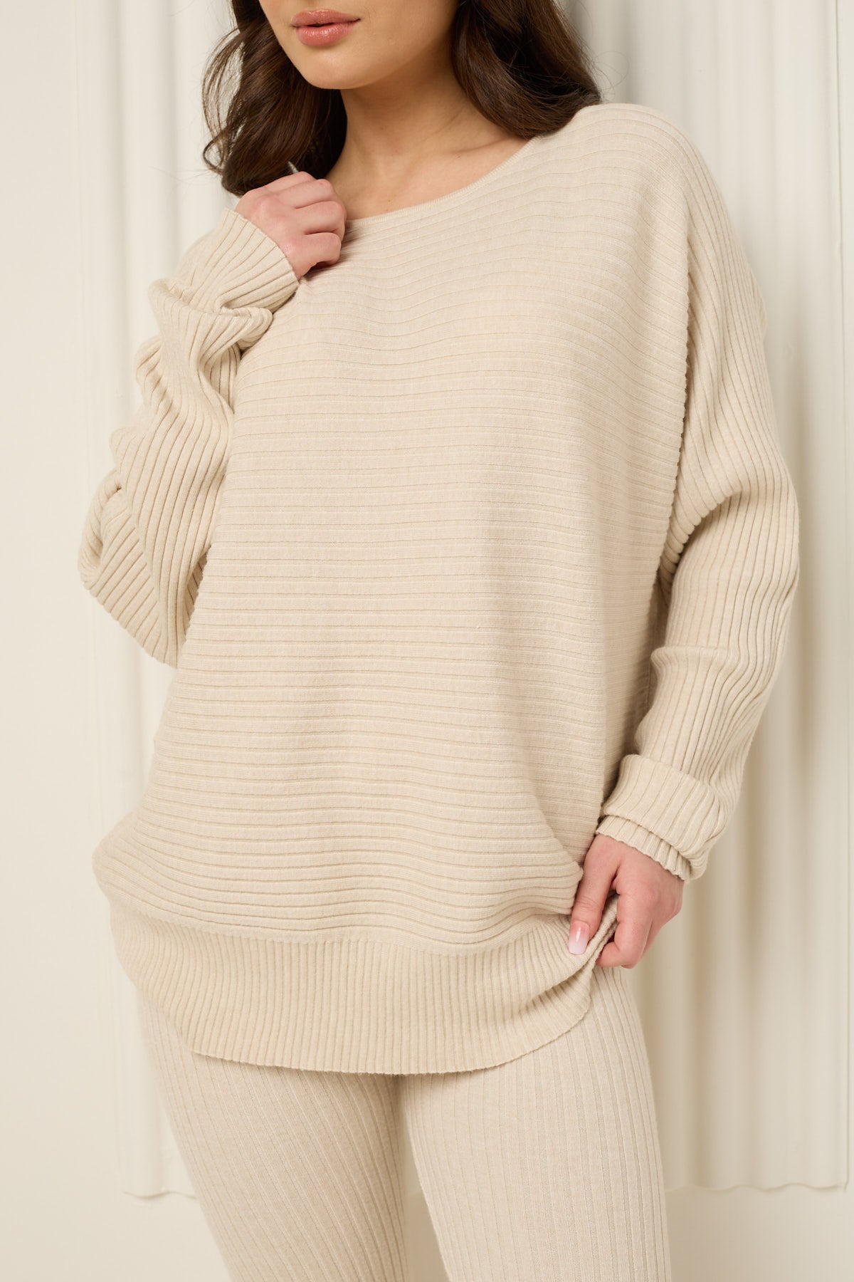 Ribbed textured co-ord in Beige