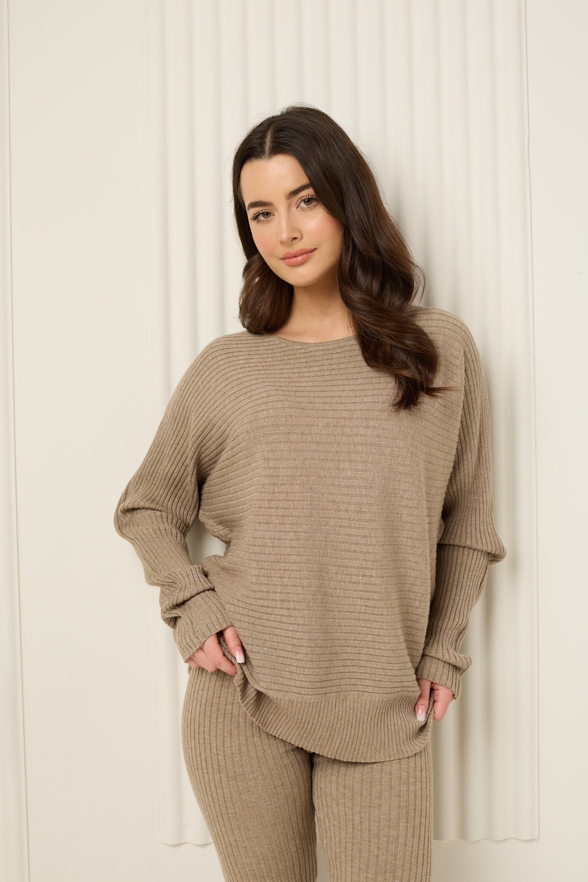 Ribbed textured co-ord in Taupe