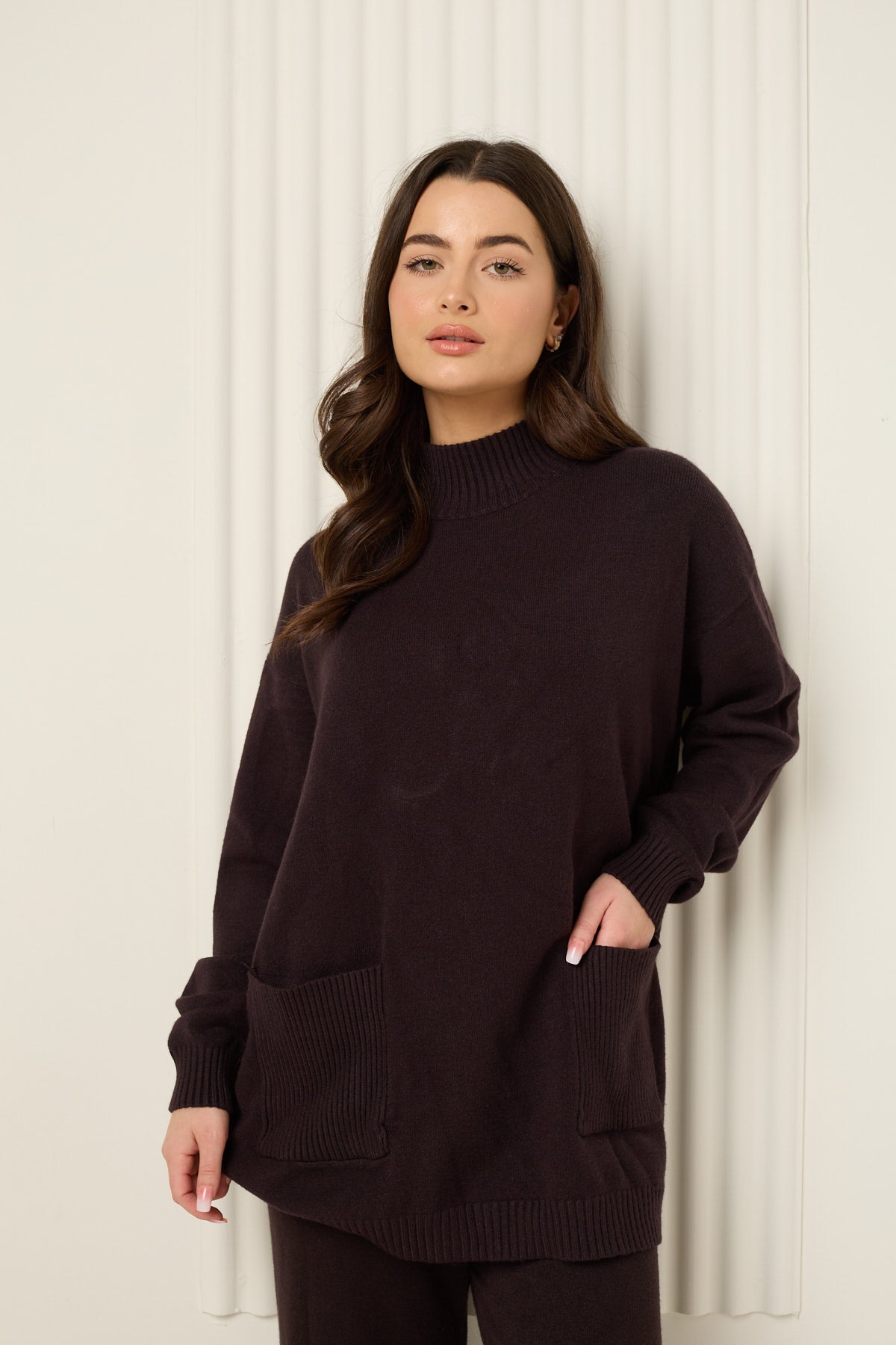 Soft knit front pocket co-ord in Choco