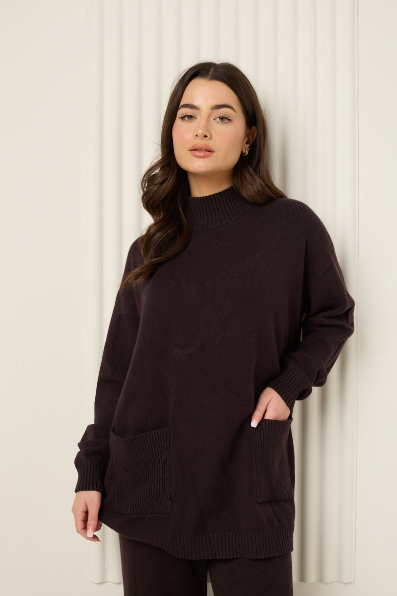 Soft knit front pocket co-ord in Choco