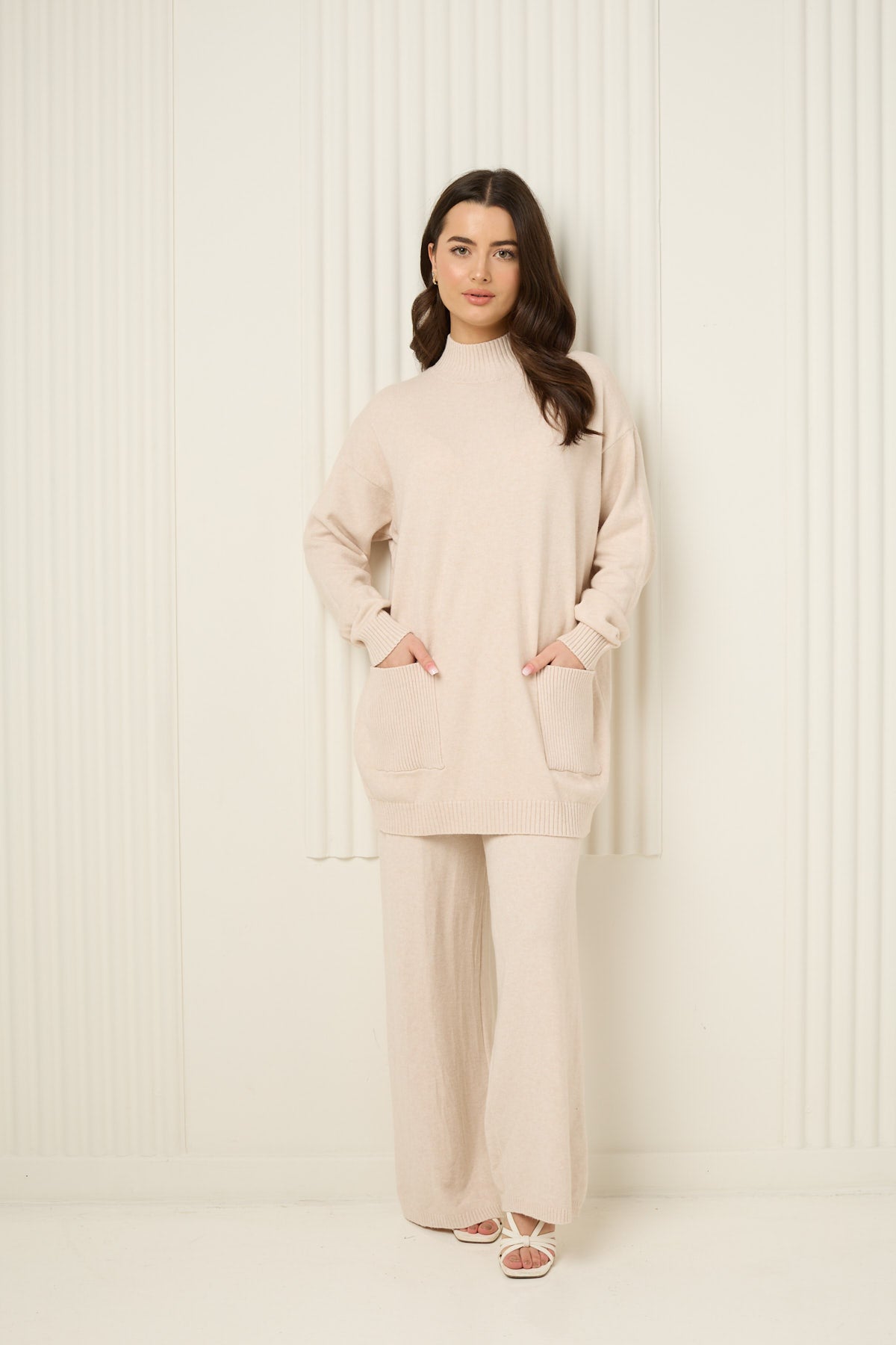Soft knit front pocket co-ord in Beige