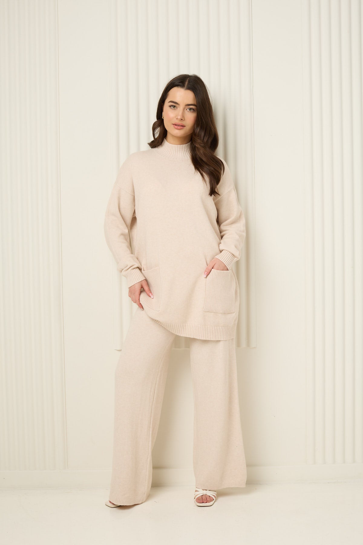 Soft knit front pocket co-ord in Beige