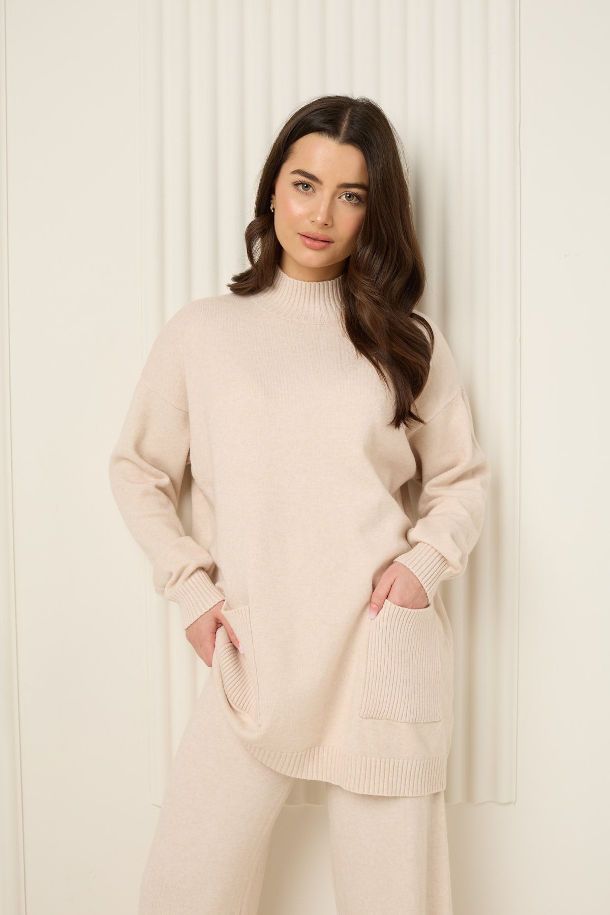Soft knit front pocket co-ord in Beige