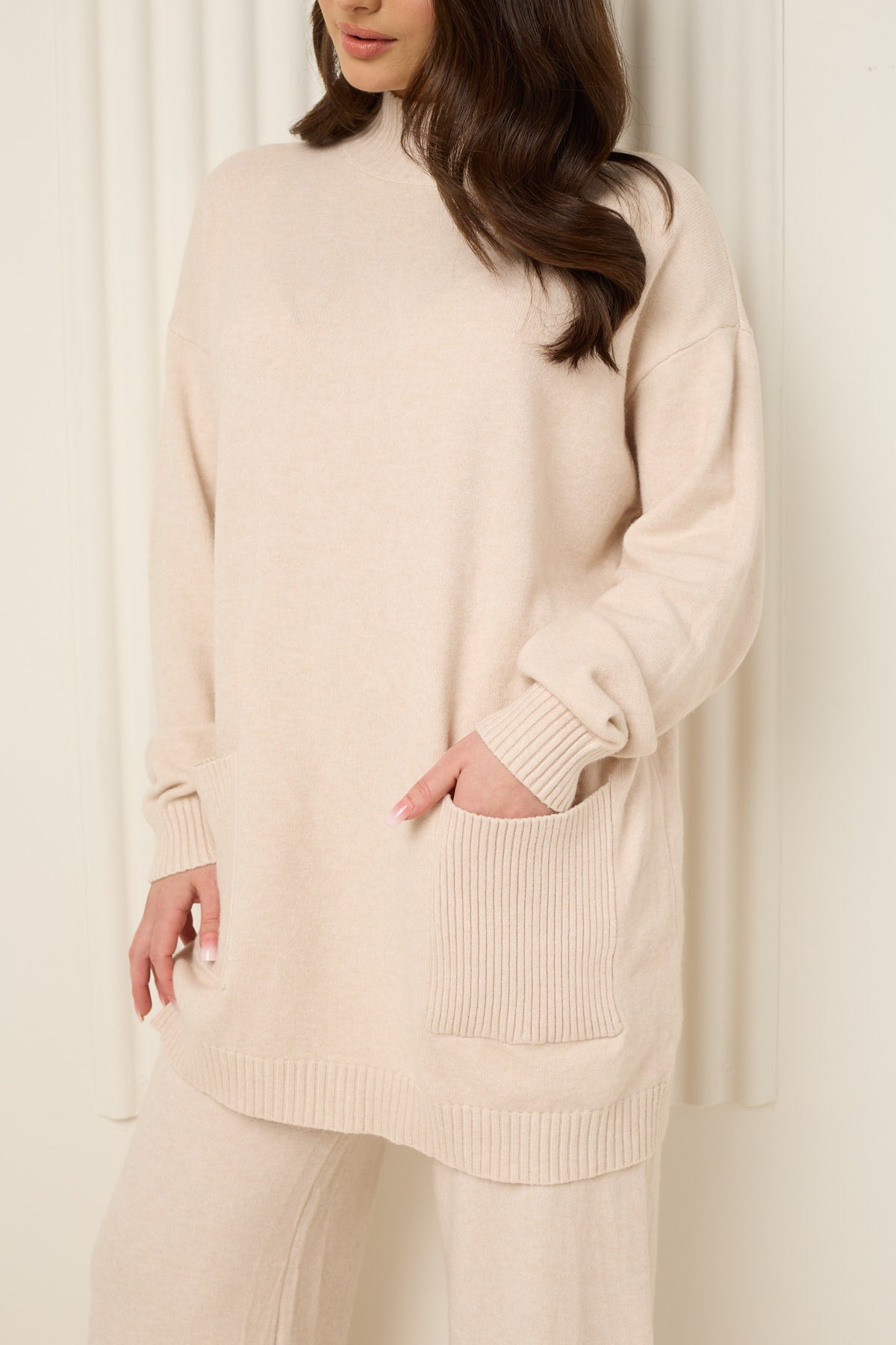 Soft knit front pocket co-ord in Beige