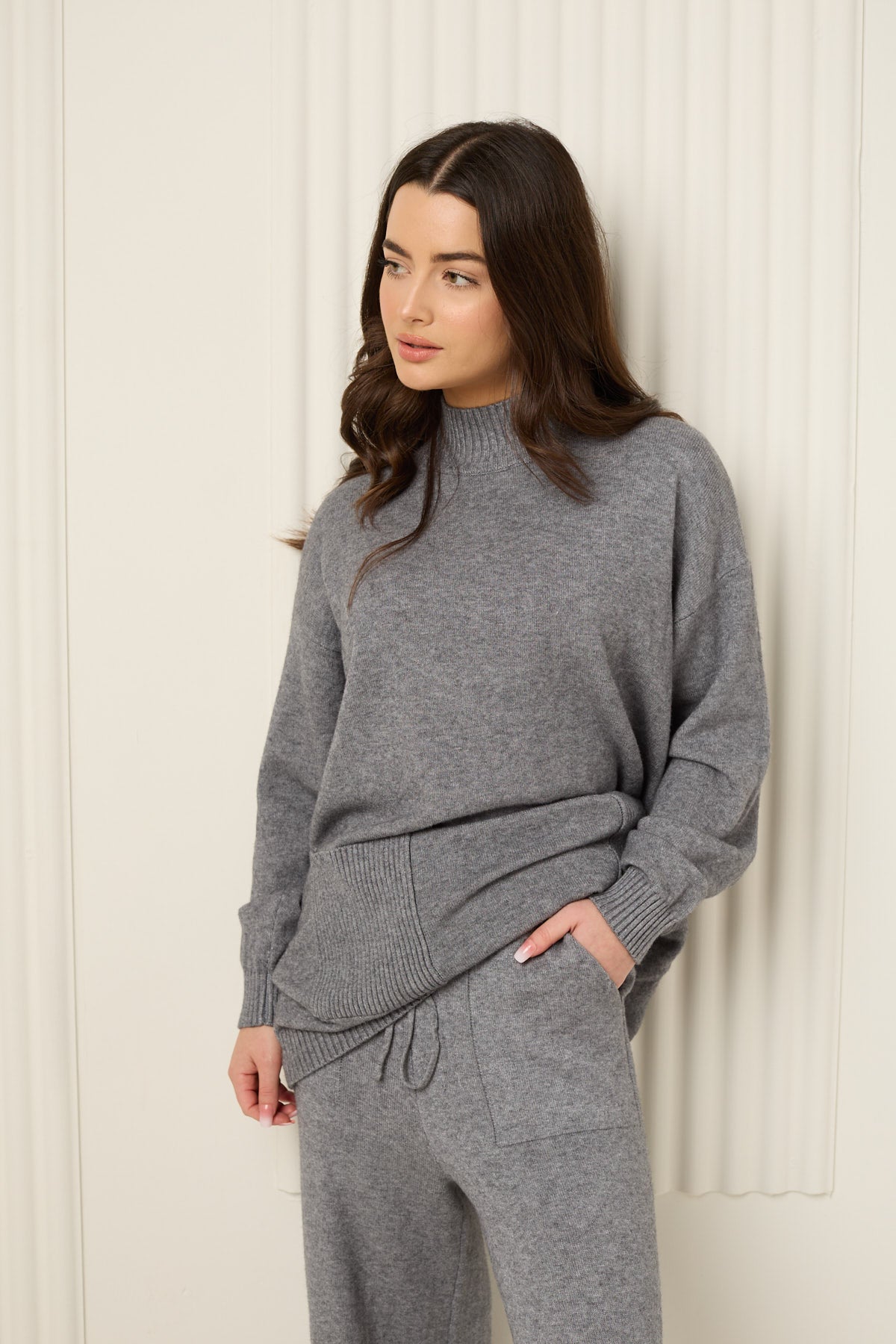Soft knit front pocket co-ord in Grey