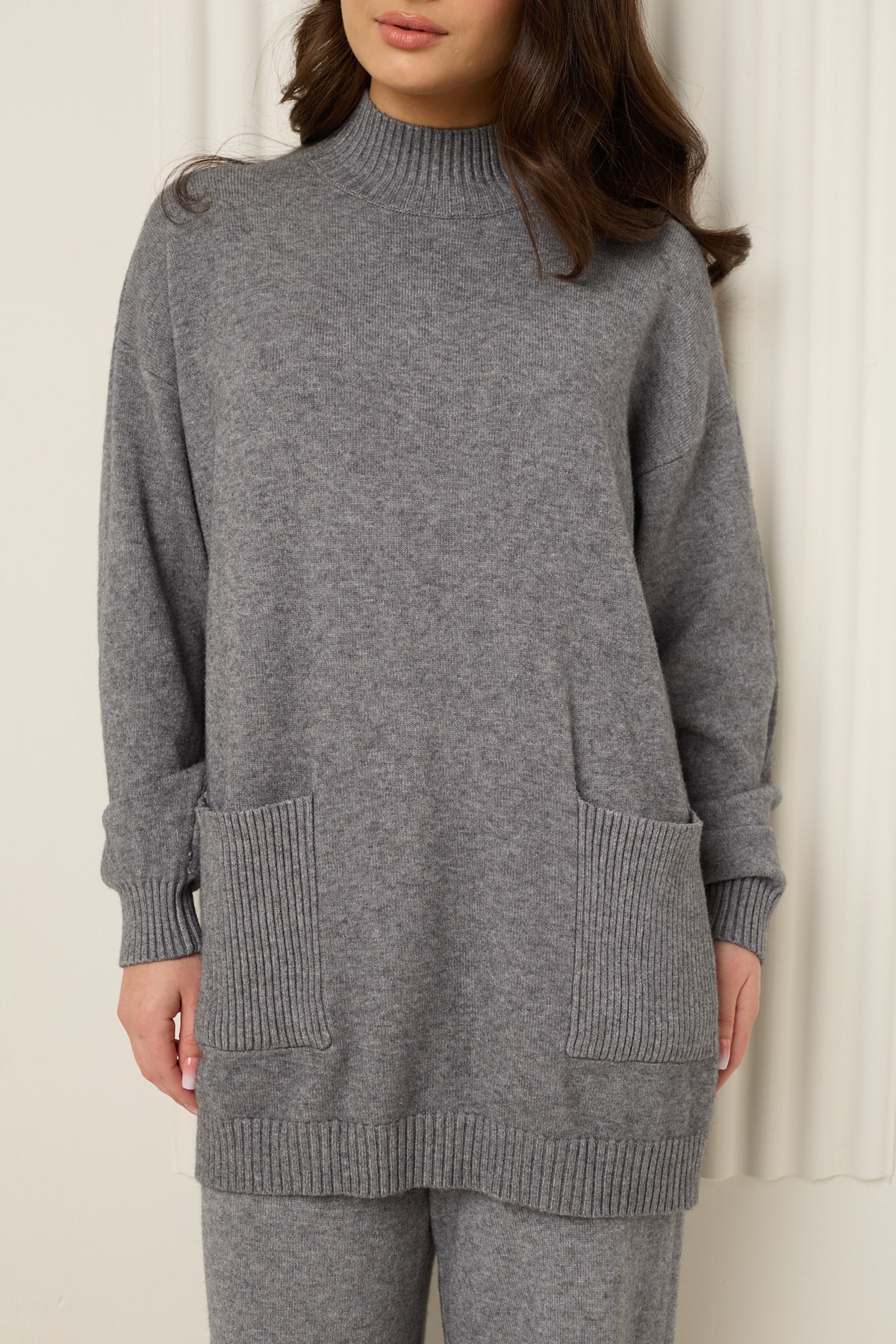 Soft knit front pocket co-ord in Grey