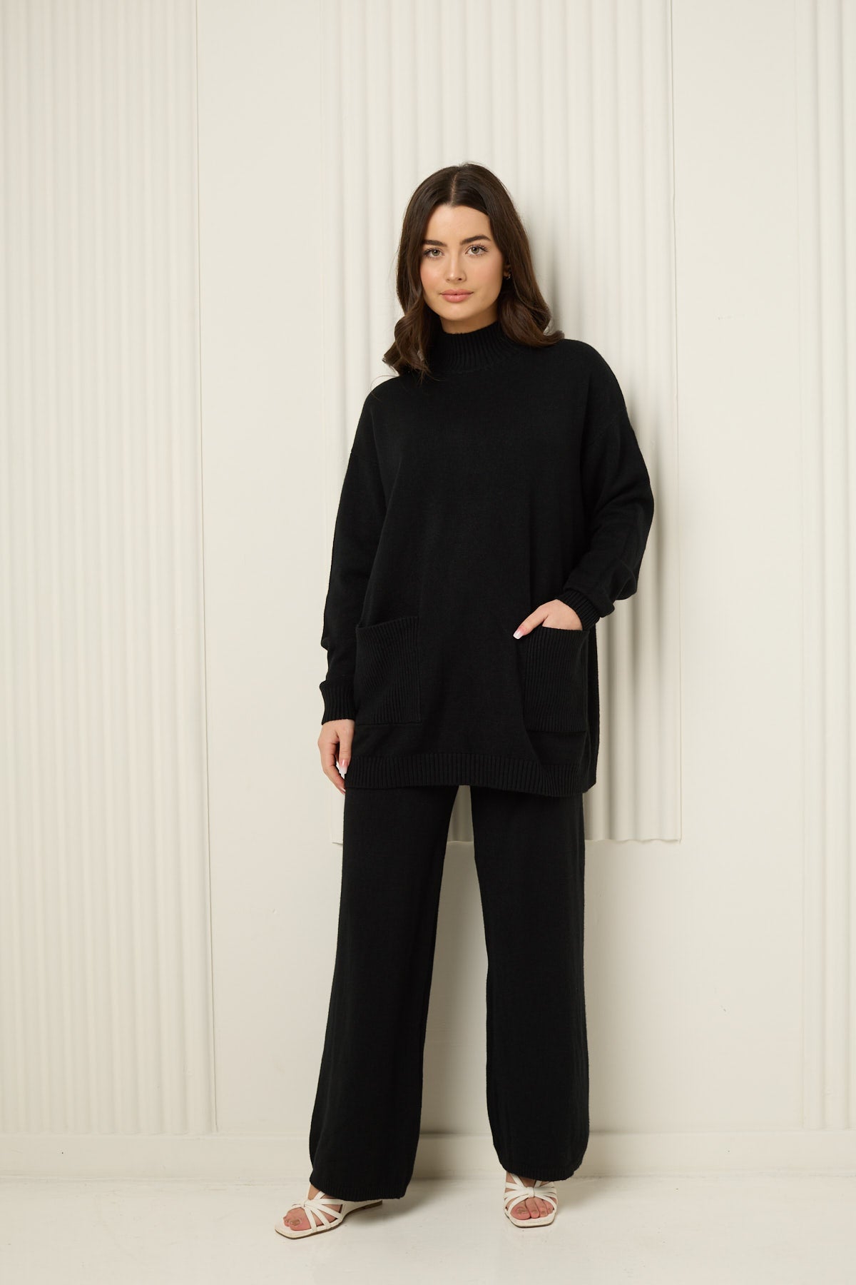 Soft knit front pocket co-ord in Black