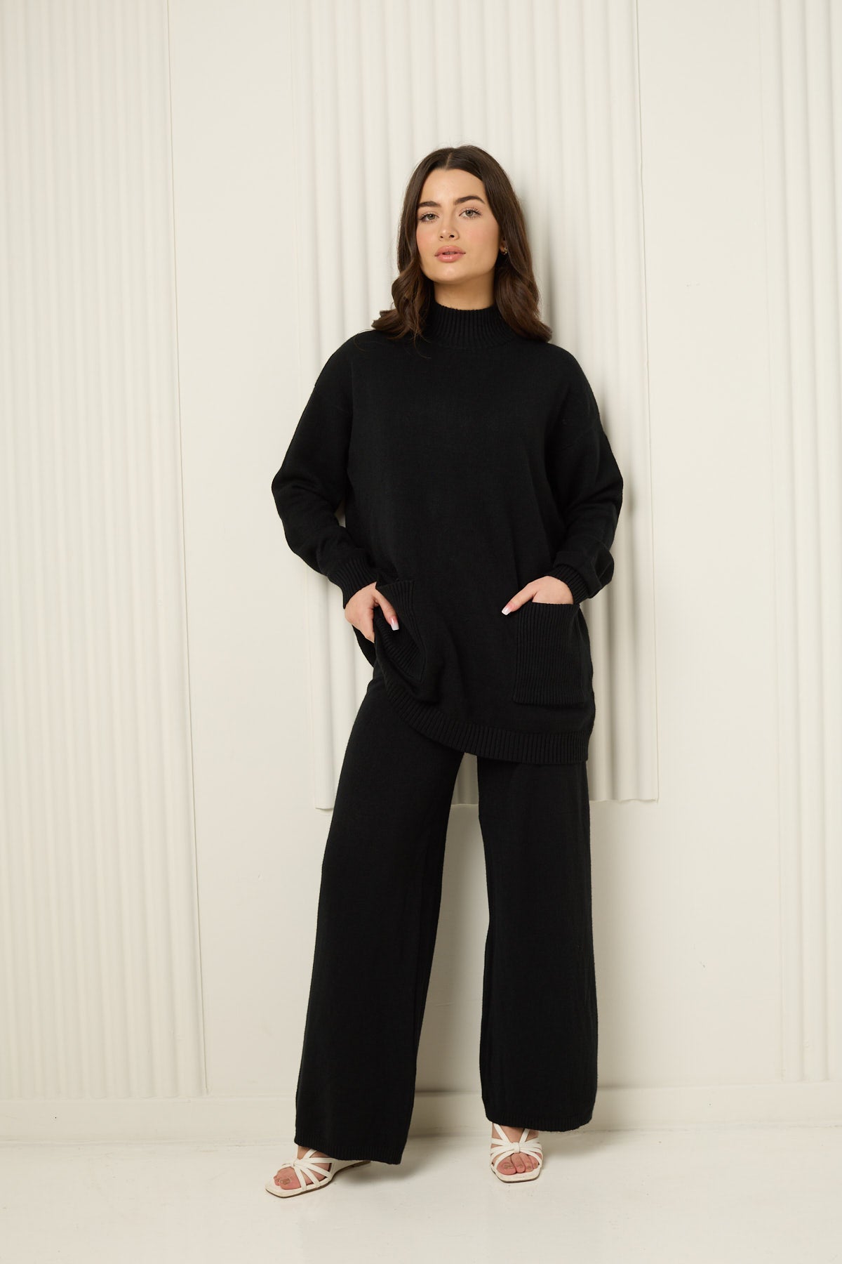 Soft knit front pocket co-ord in Black