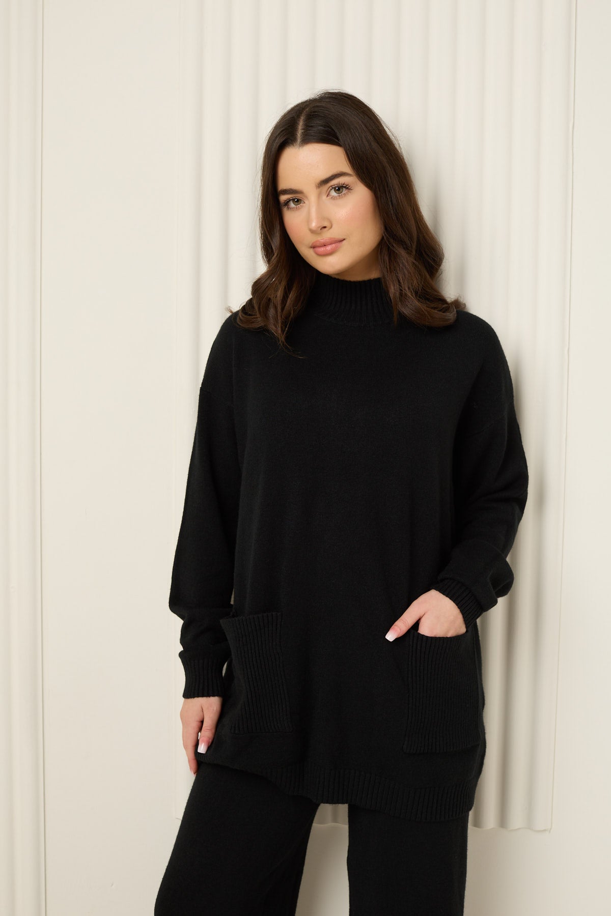 Soft knit front pocket co-ord in Black