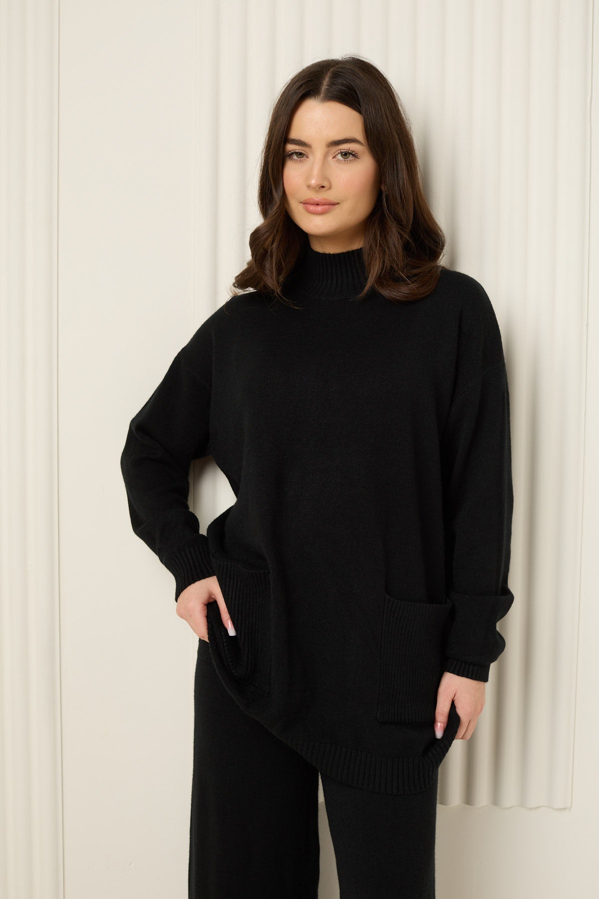 Soft knit front pocket co-ord in Black