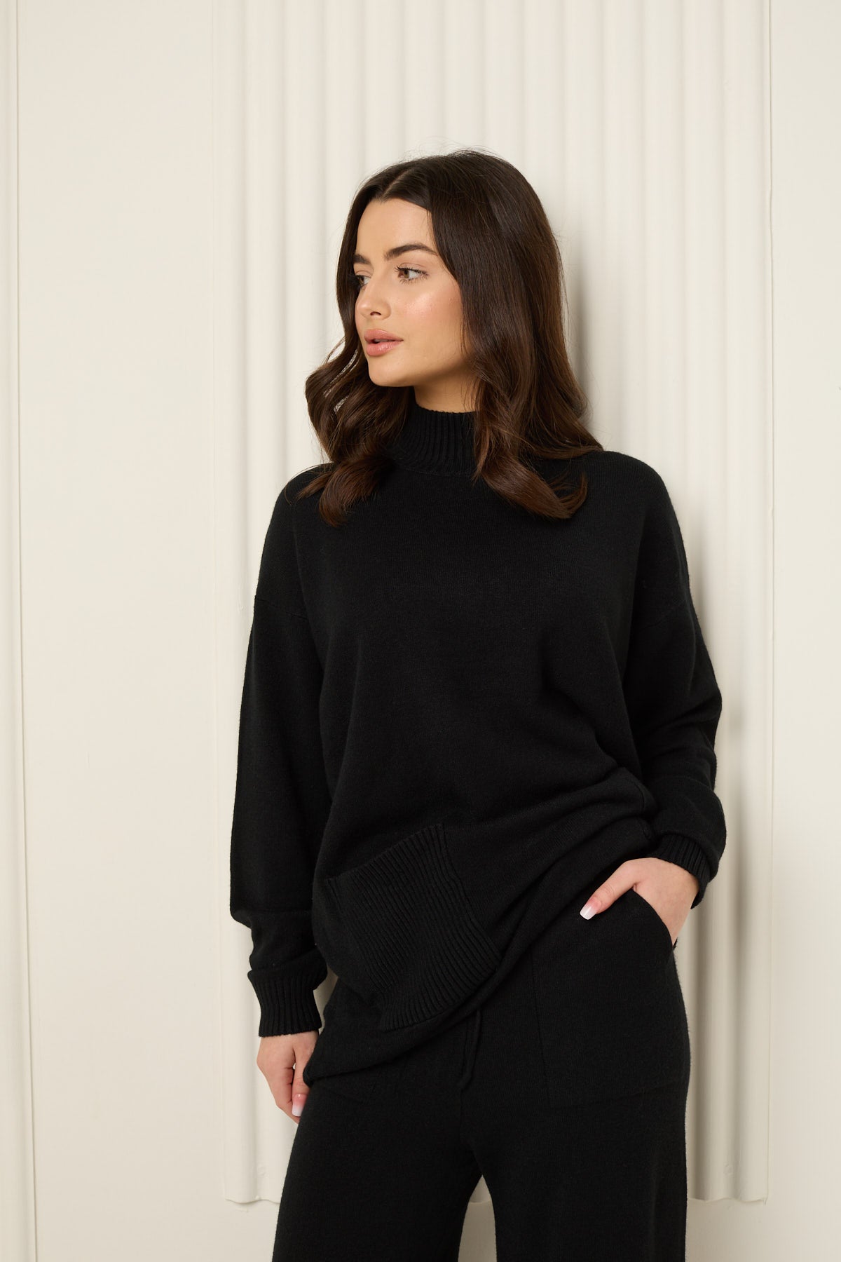 Soft knit front pocket co-ord in Black