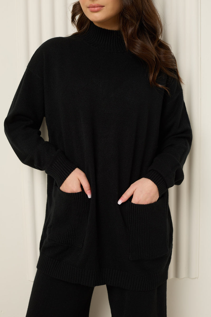 Soft knit front pocket co-ord in Black