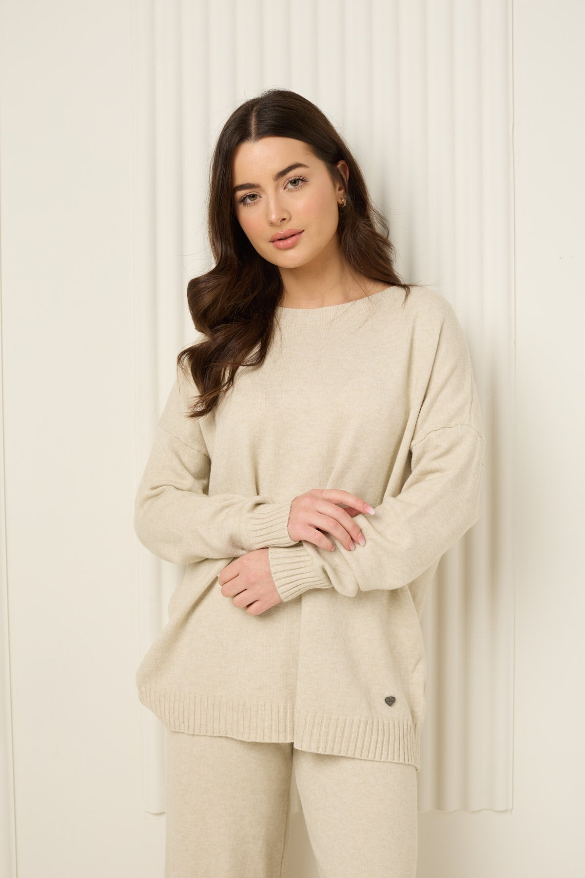 Heart detail soft knit co-ord in Beige