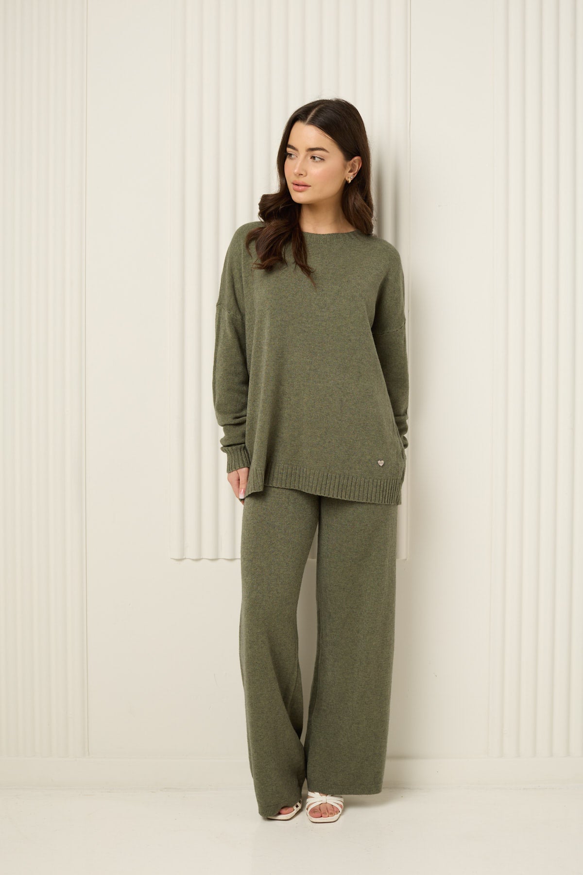 Heart detail soft knit co-ord in Khaki