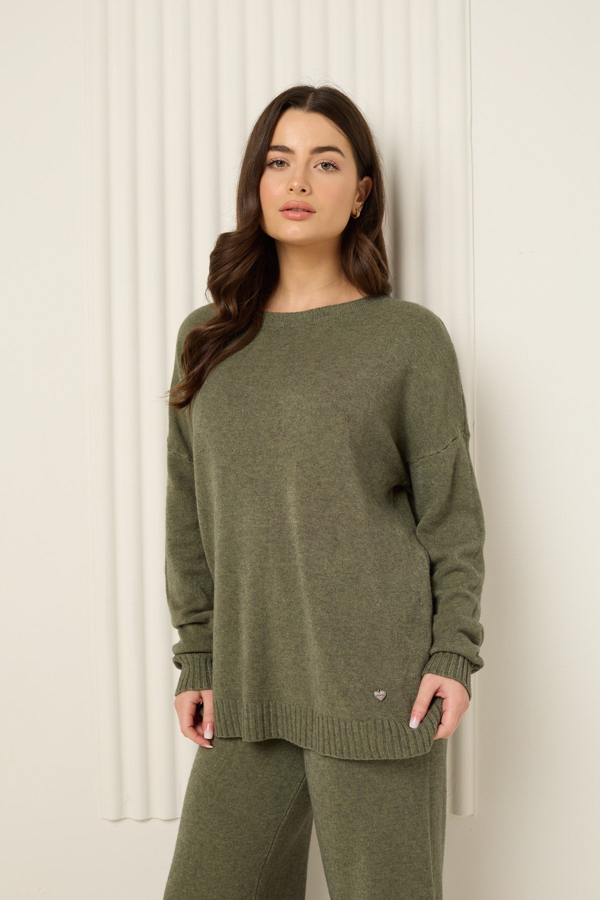 Heart detail soft knit co-ord in Khaki