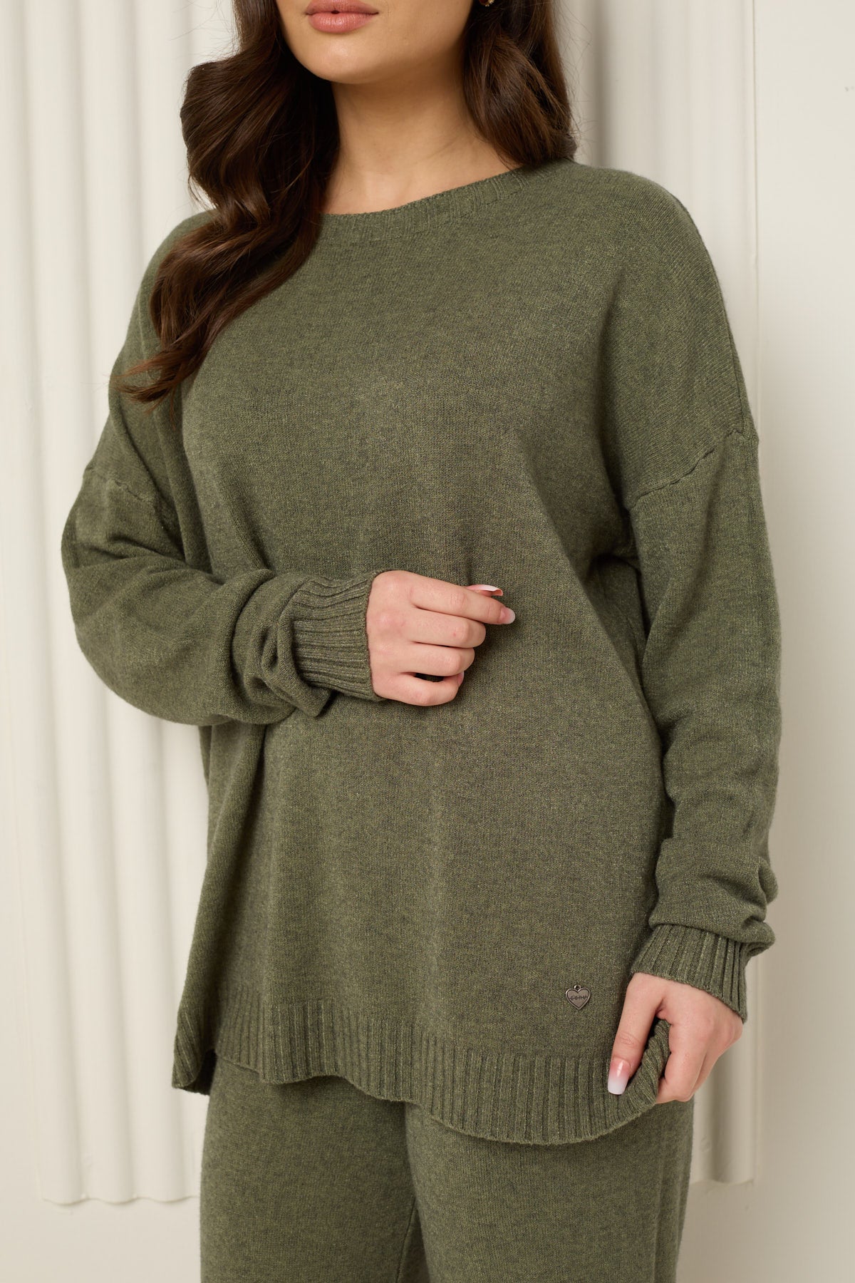 Heart detail soft knit co-ord in Khaki