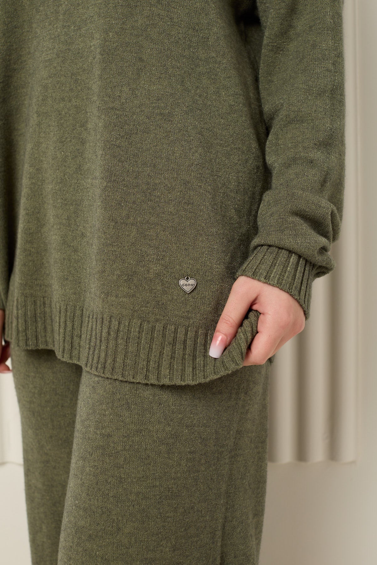 Heart detail soft knit co-ord in Khaki