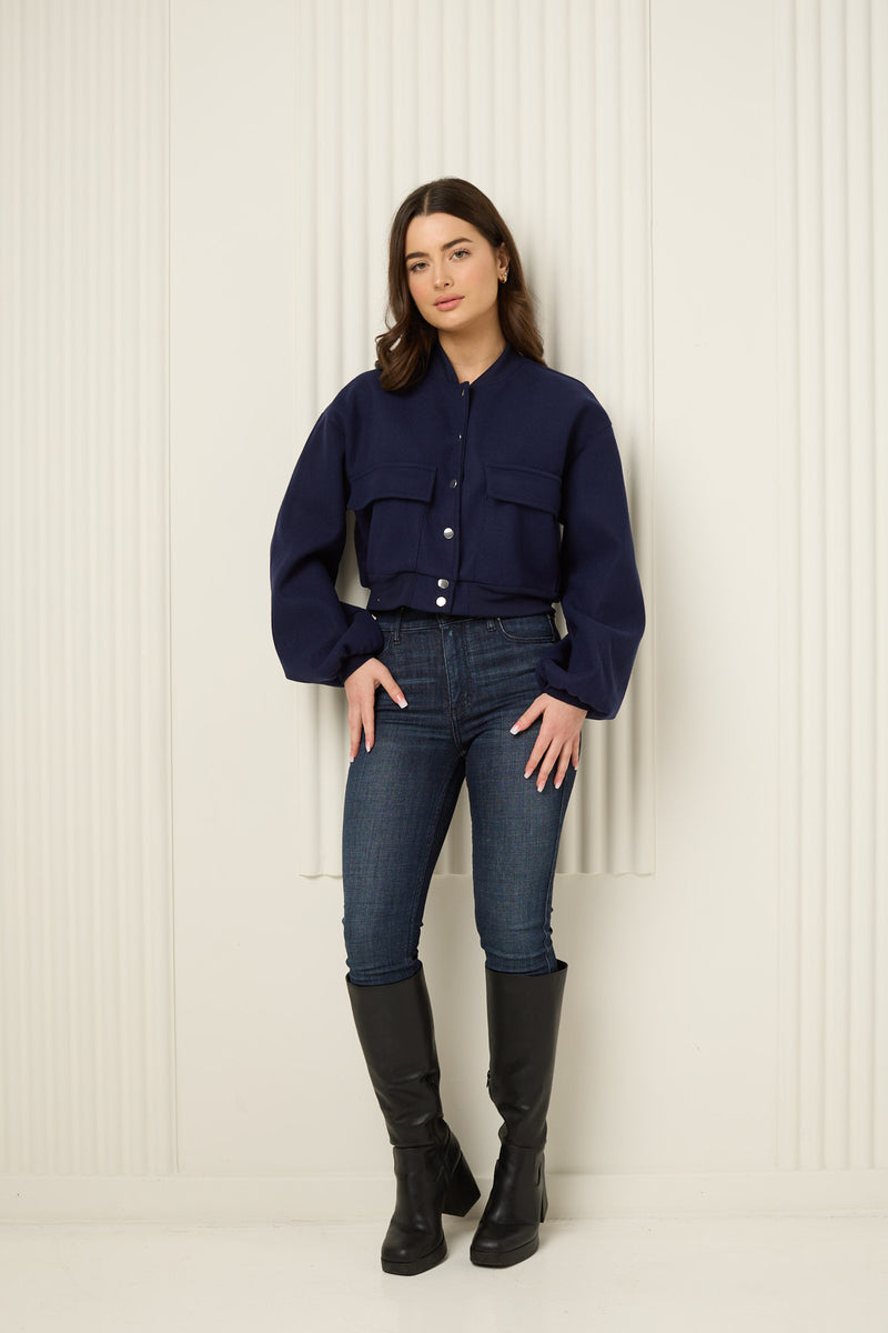 Front pocket detailed cropped jacket in Navy