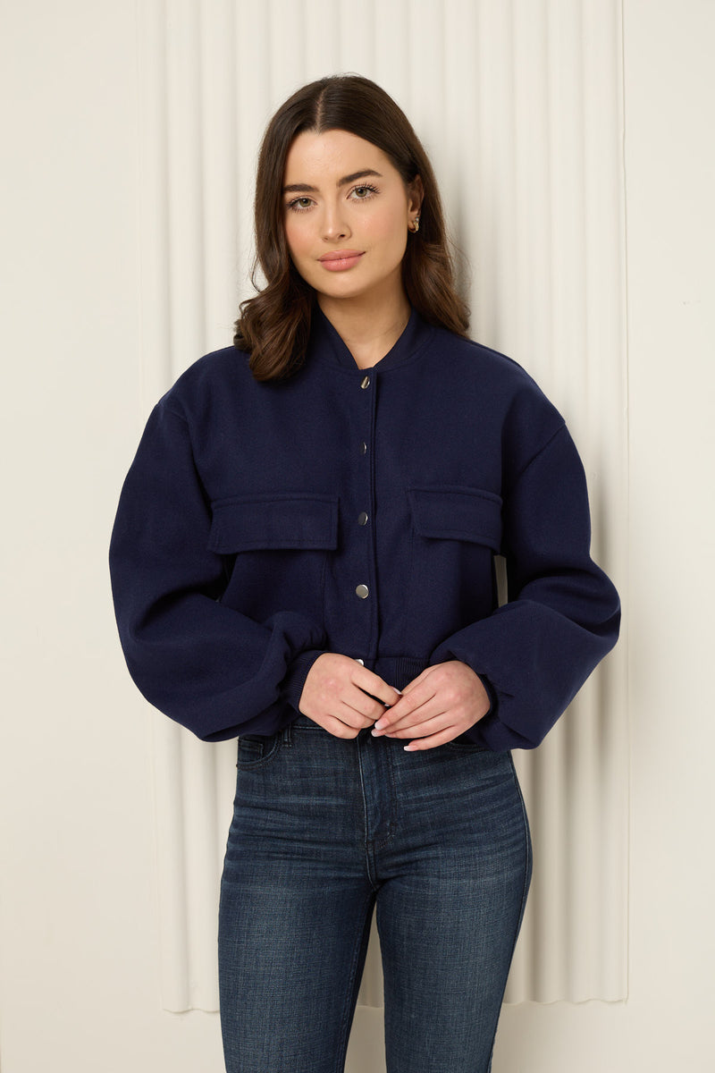 Front pocket detailed cropped jacket in Navy