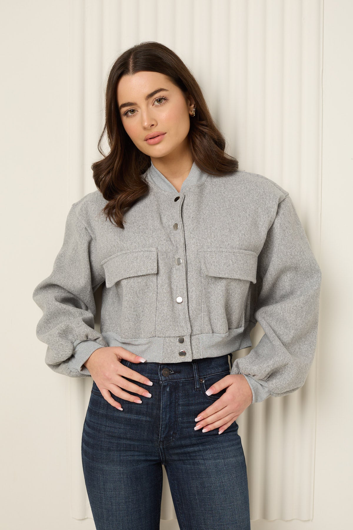 Front pocket detailed cropped jacket in Grey