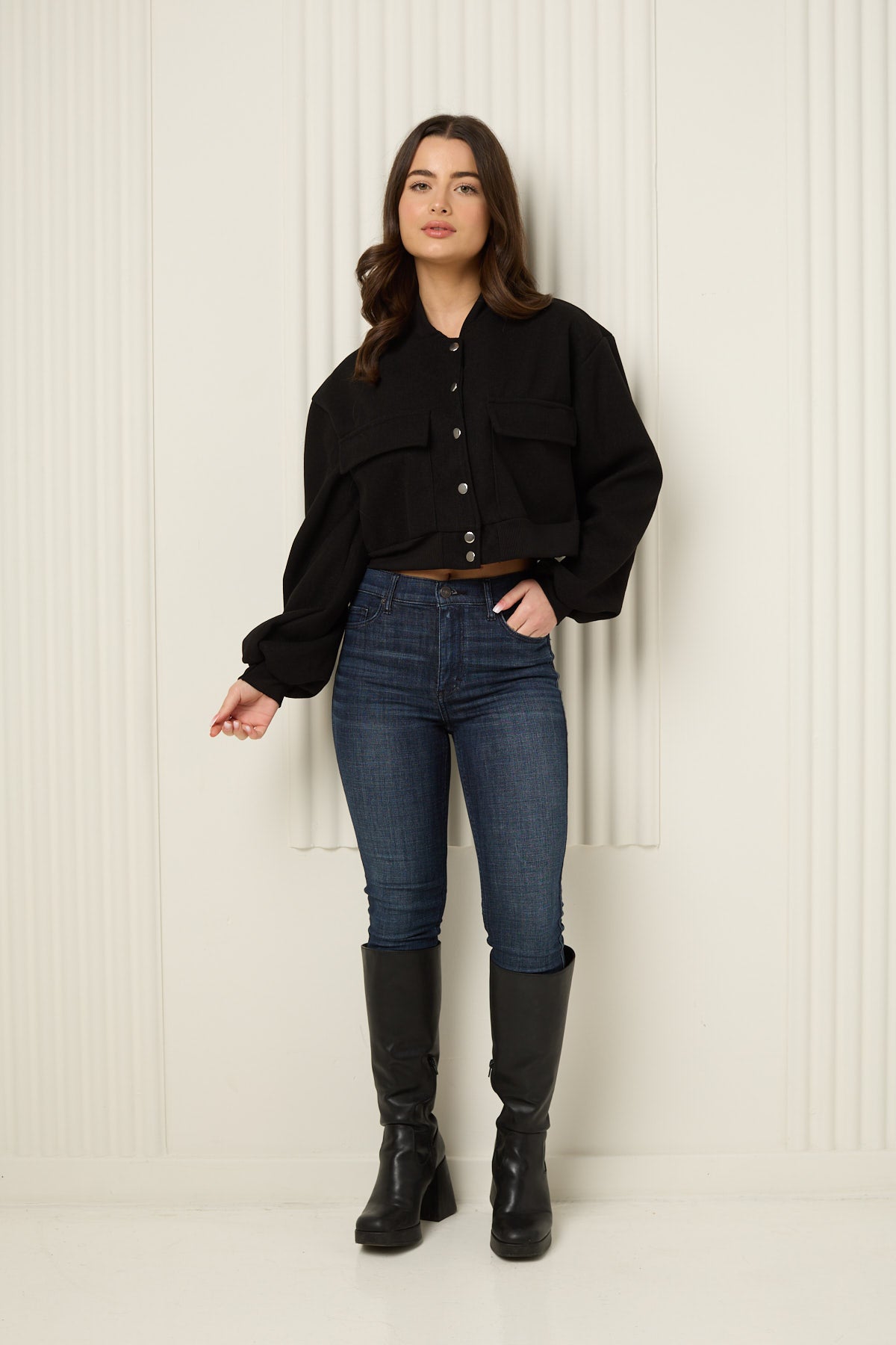 Front pocket detailed cropped jacket in Black