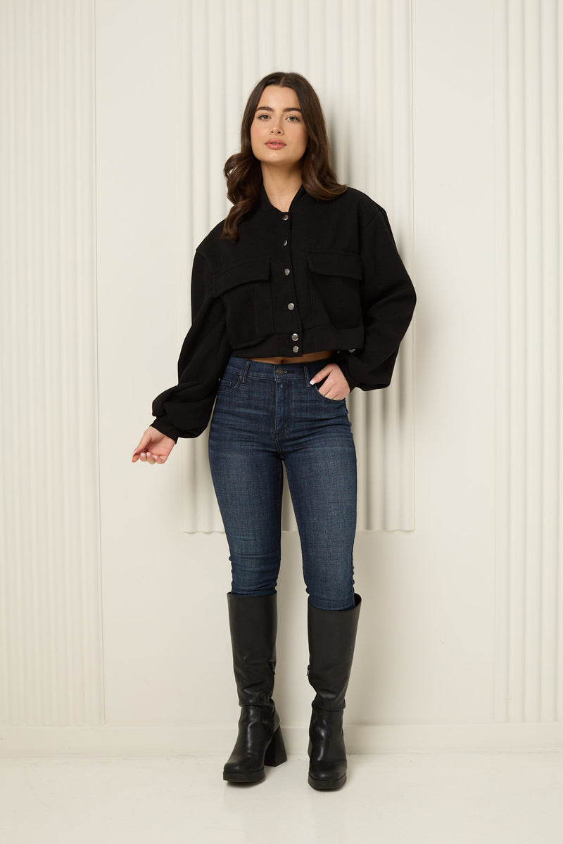 Front pocket detailed cropped jacket in Black