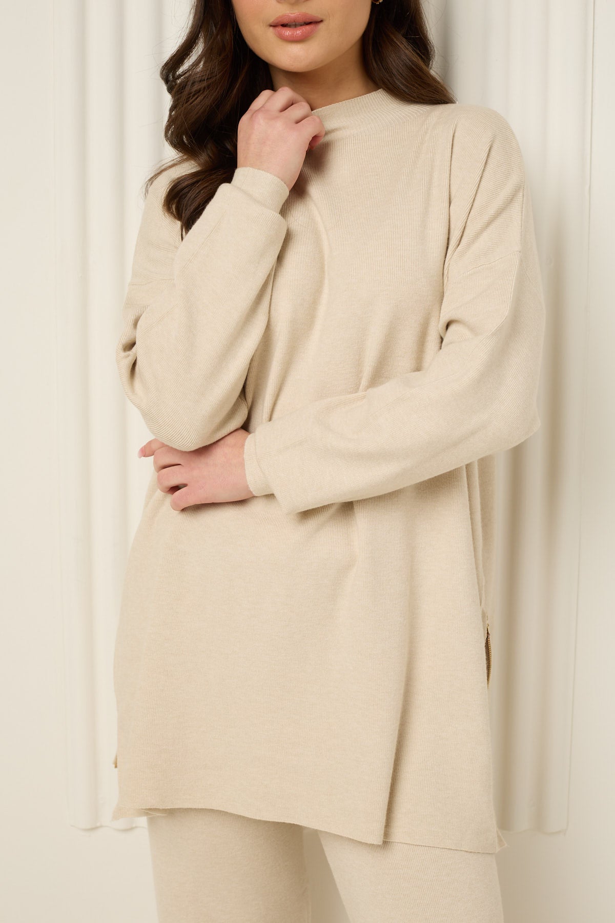 Side zip detailed co-ord in Beige