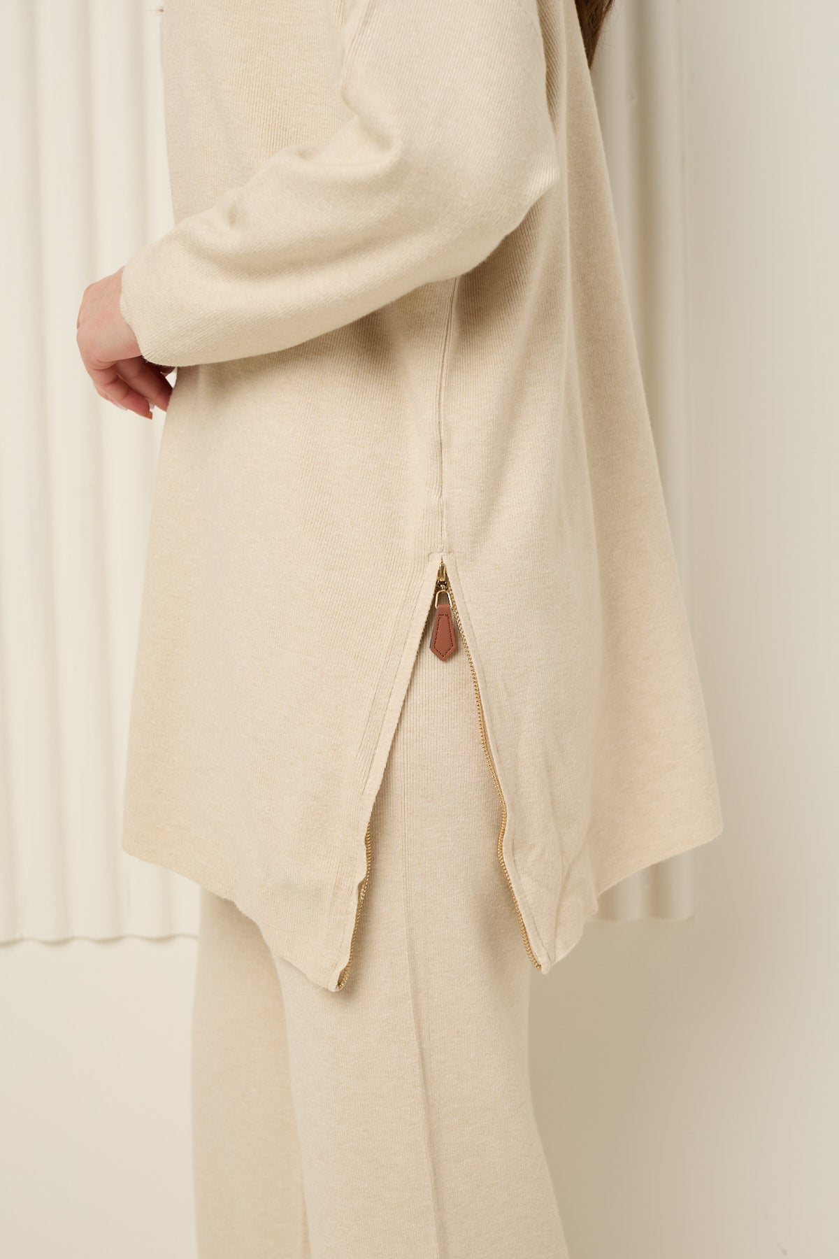 Side zip detailed co-ord in Beige