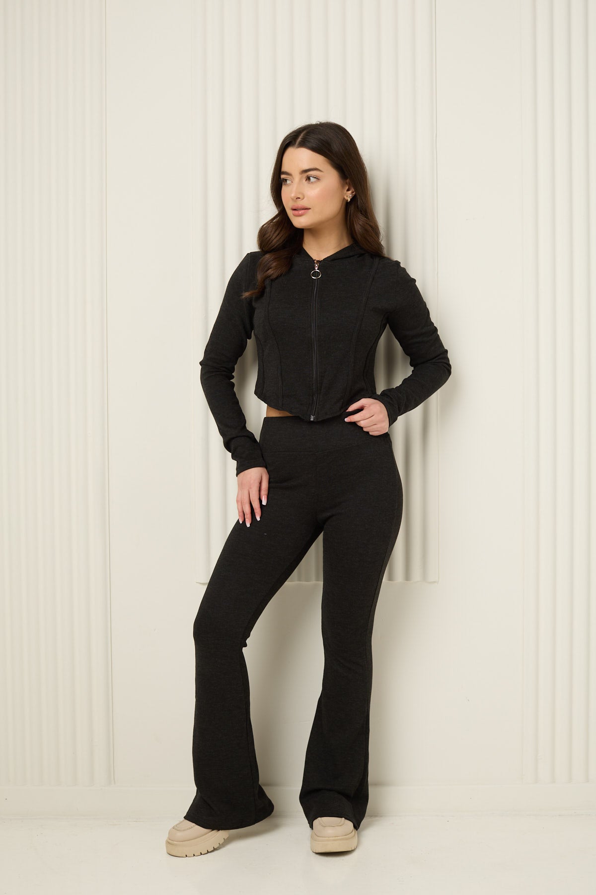 Soft ribbed zip hoody set in Black