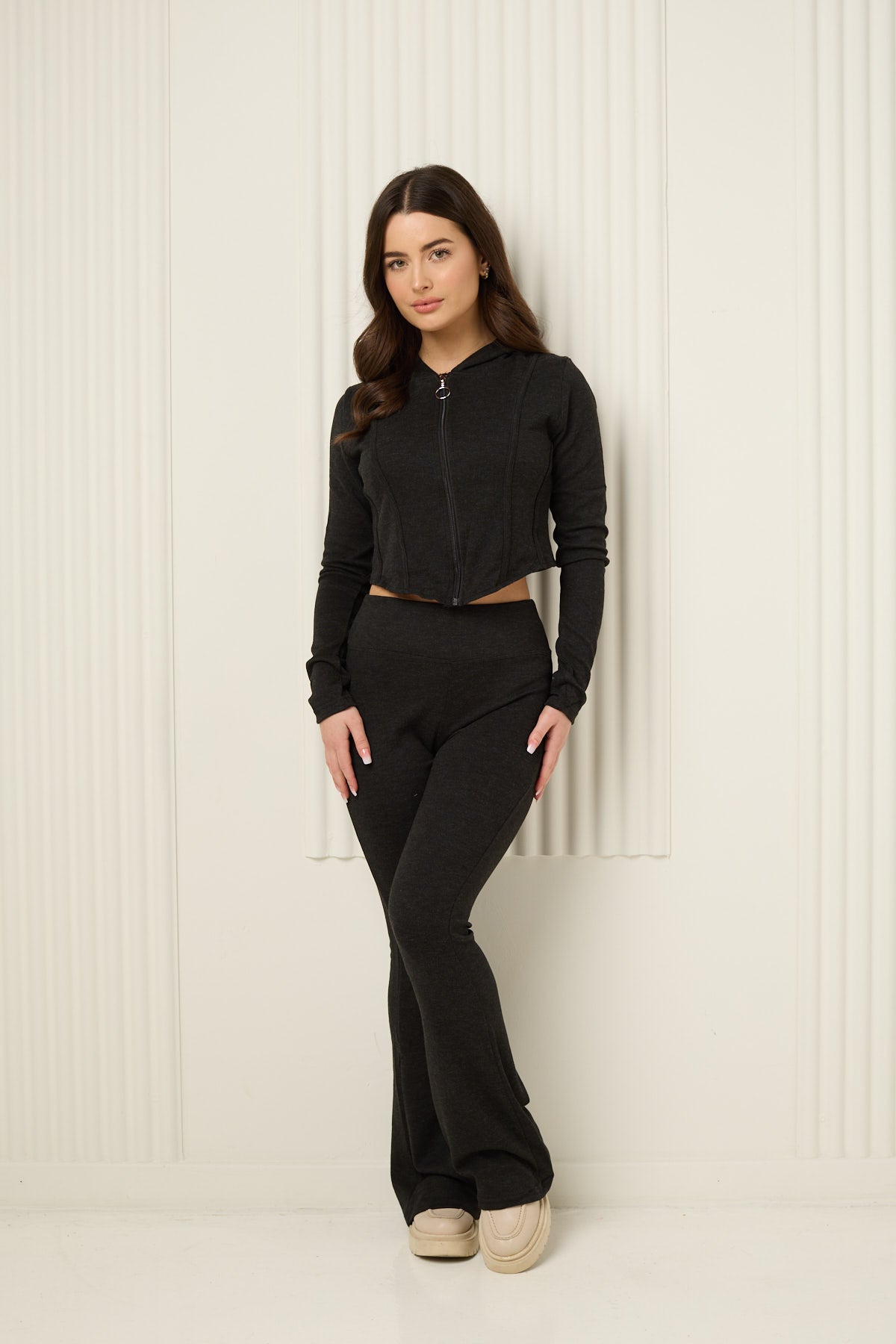 Soft ribbed zip hoody set in Black