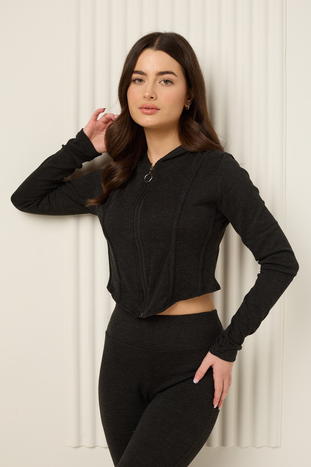 Soft ribbed zip hoody set in Black