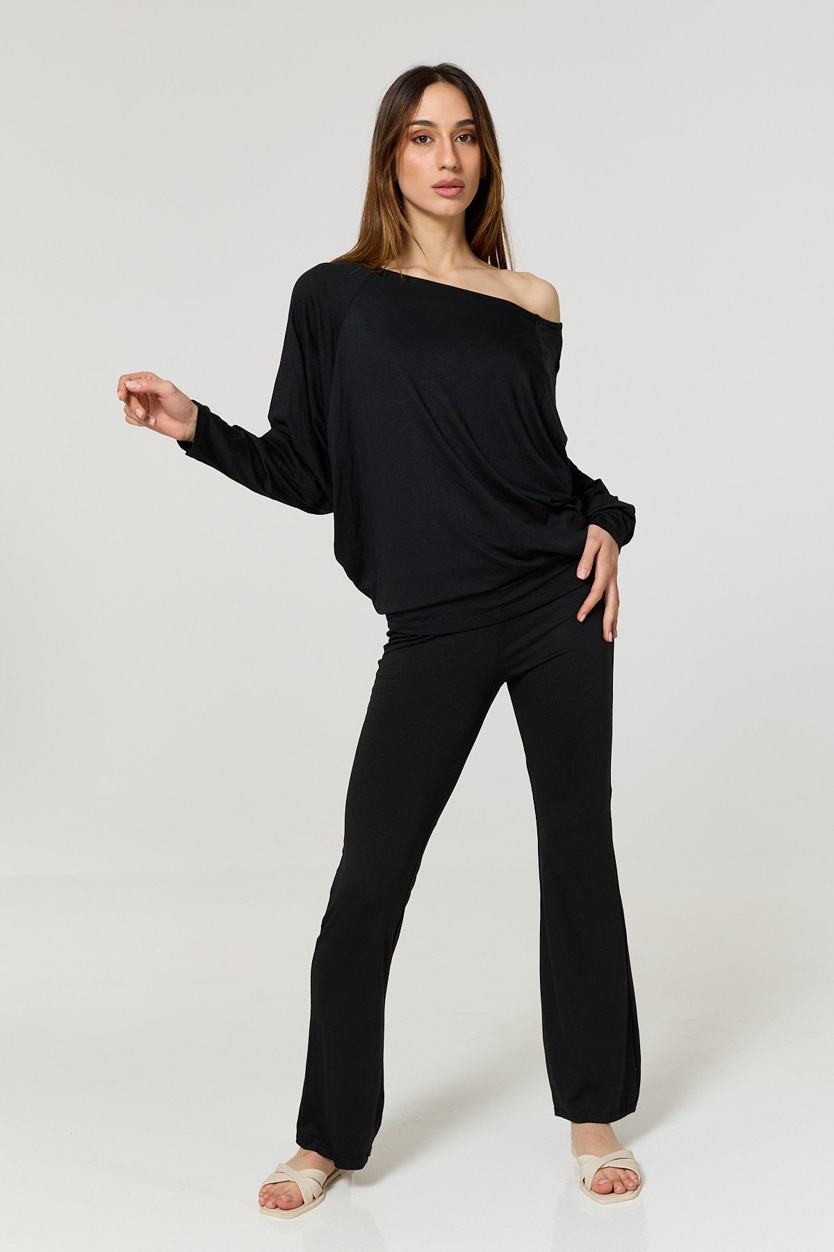 Batwing off the shoulder co-ord in Black