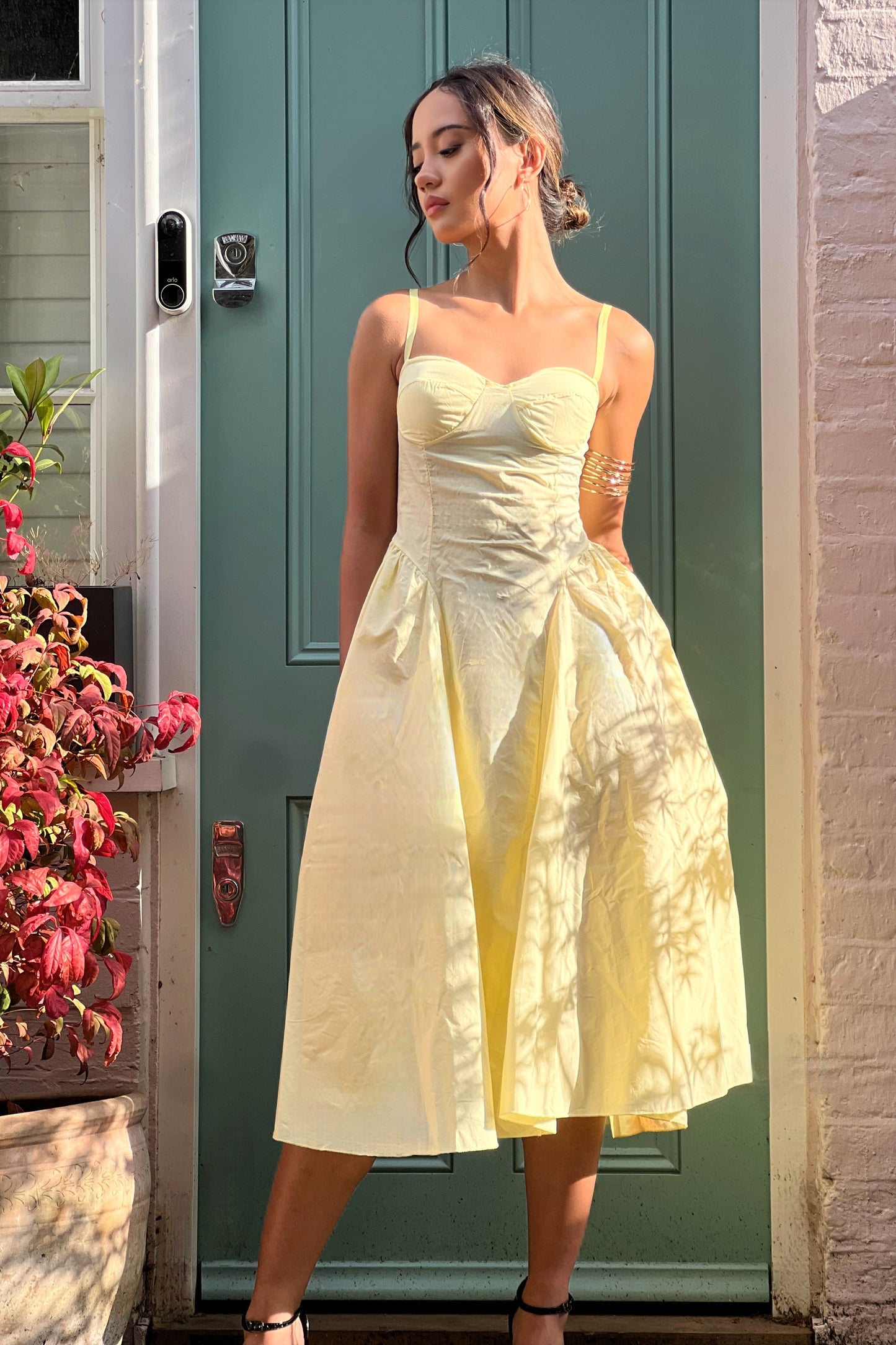 Milkmaid midi dress in Yellow