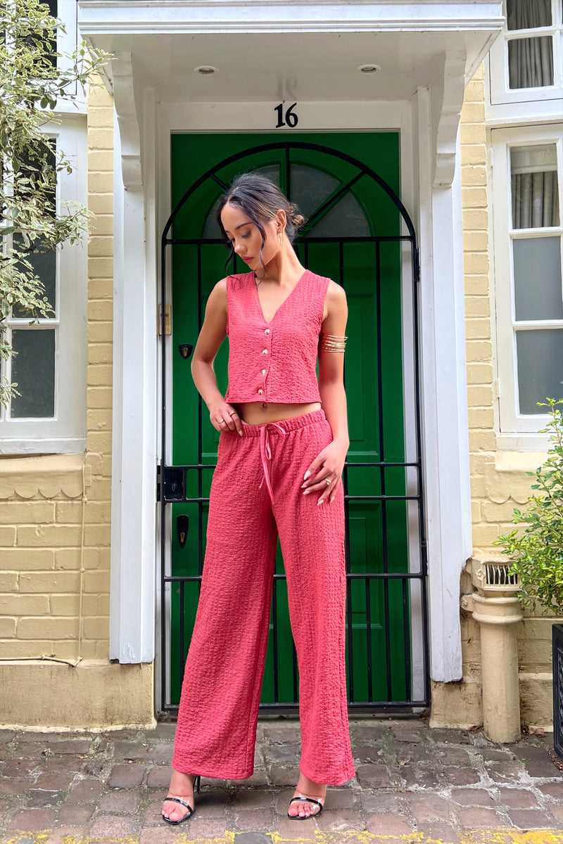 Textured button vest co ord in Rasberry