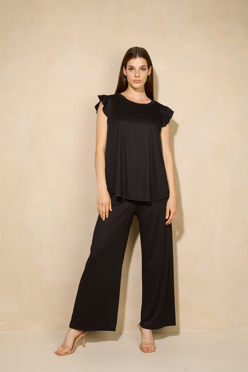 Frill shoulder ribbed co-ord in Black