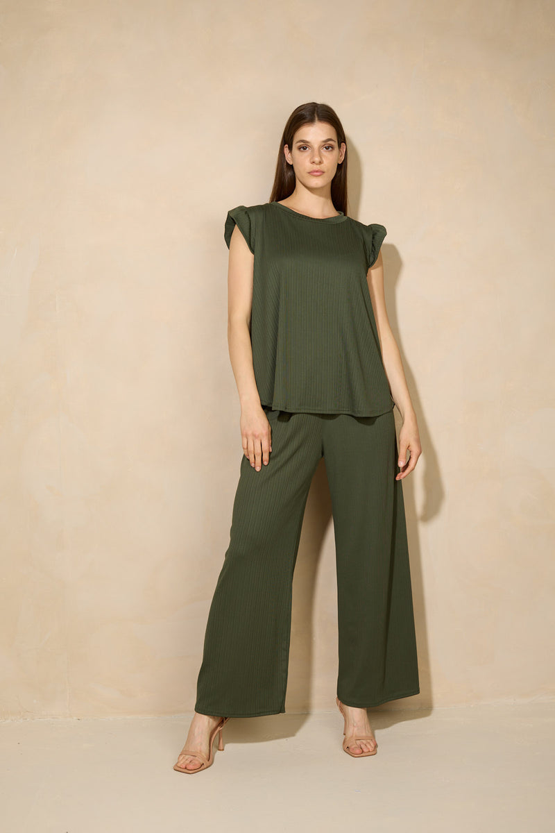 Frill shoulder ribbed co-ord in Green