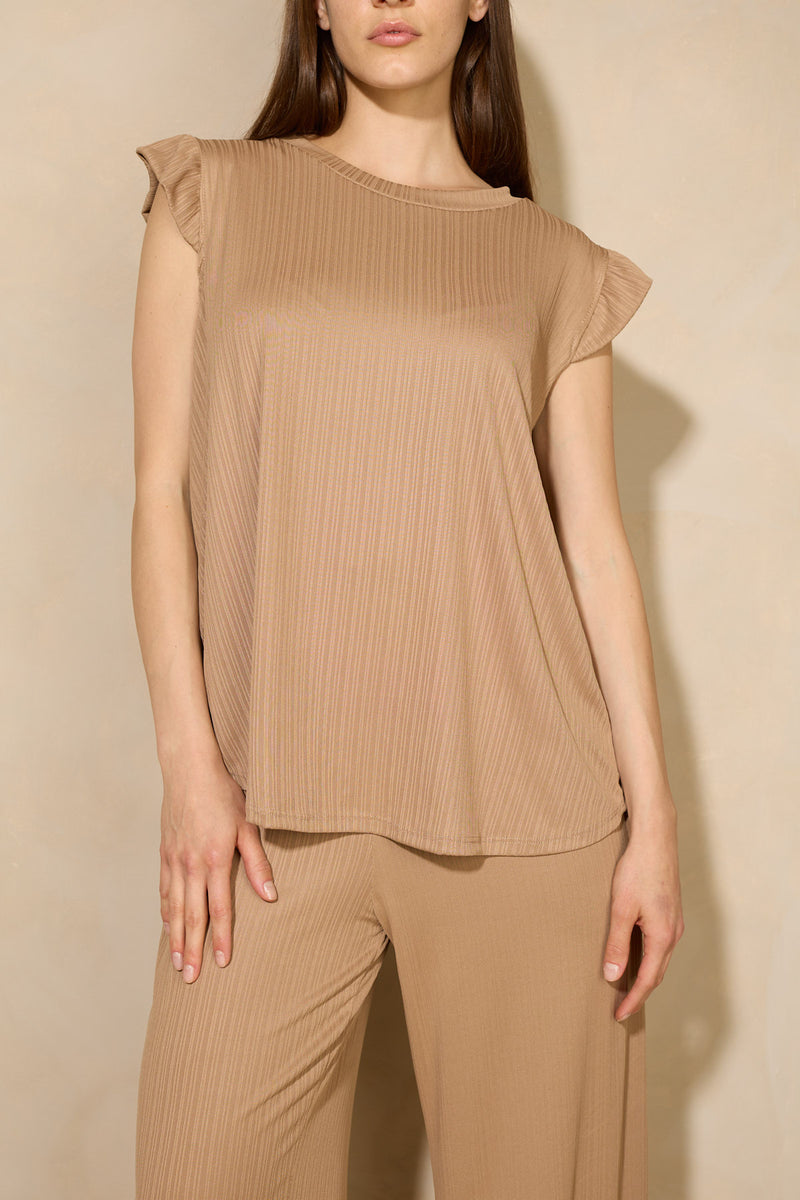Frill shoulder ribbed co-ord in Camel
