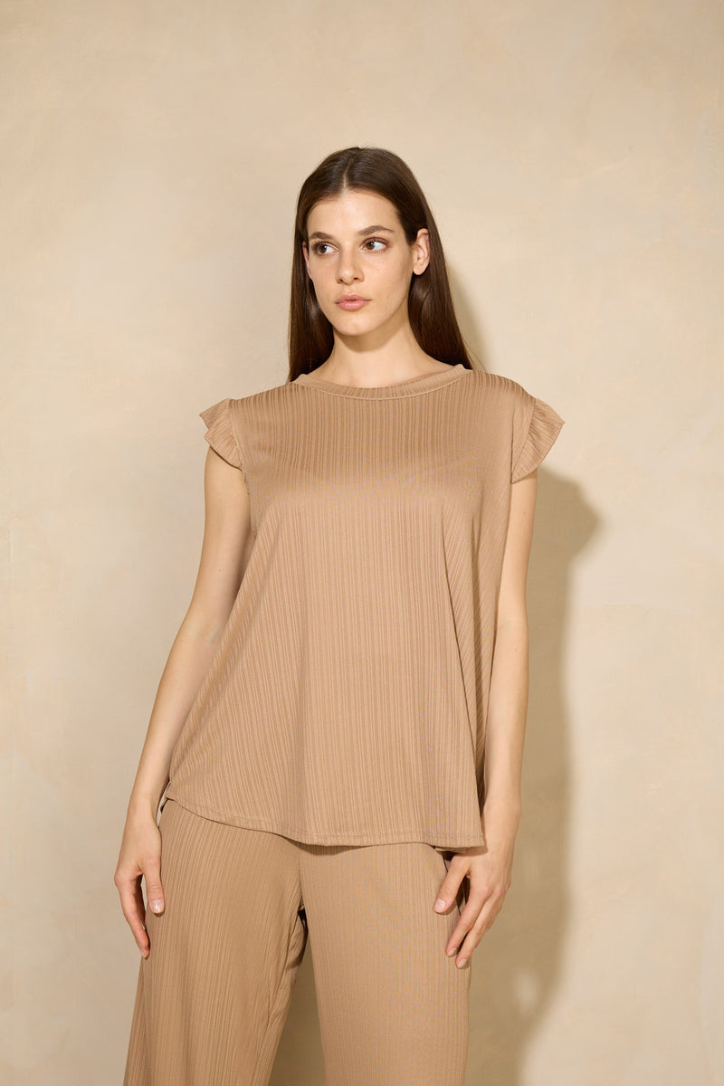 Frill shoulder ribbed co-ord in Camel